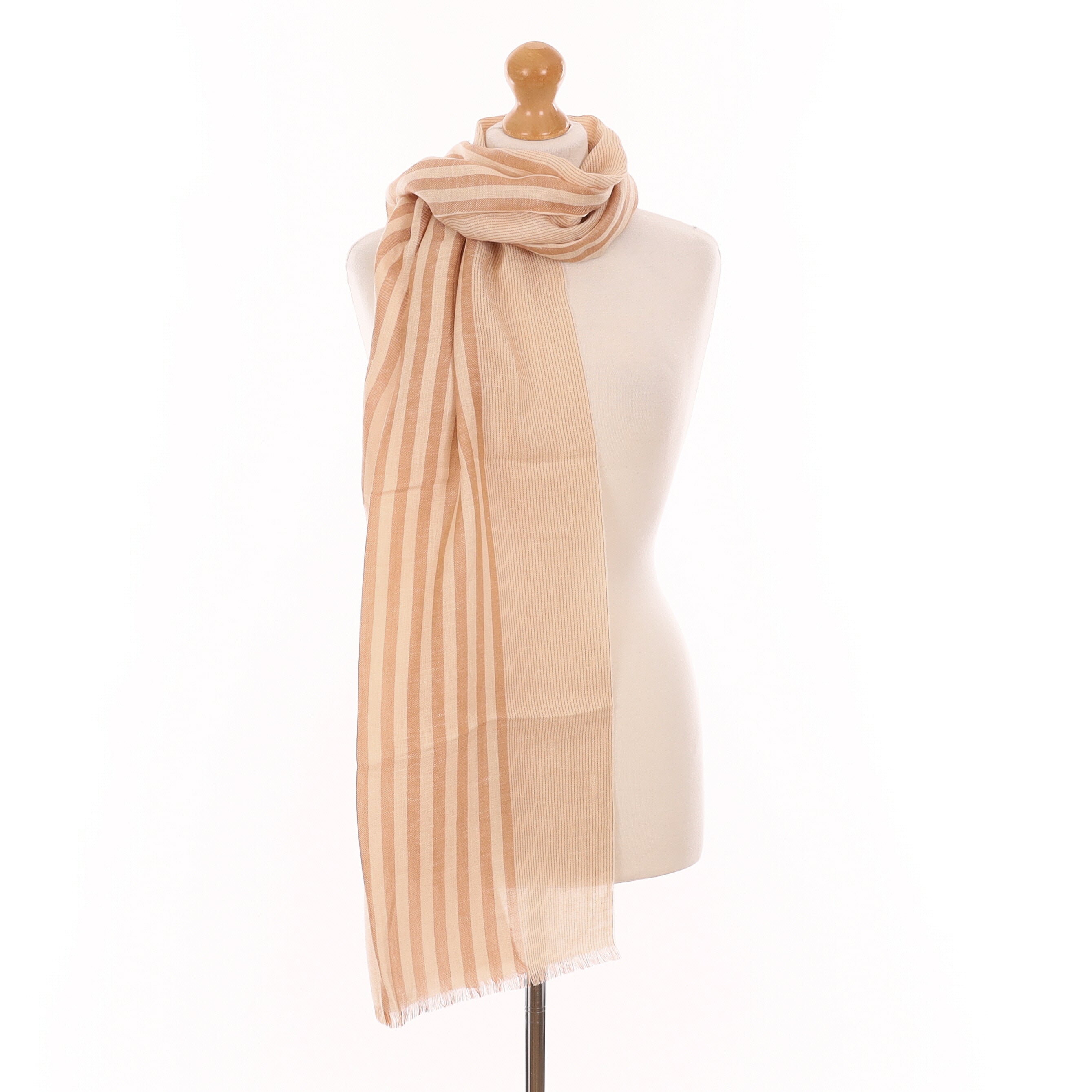 Brand New Agnona Beige Striped Silk, Linen & Cashmere Scarf