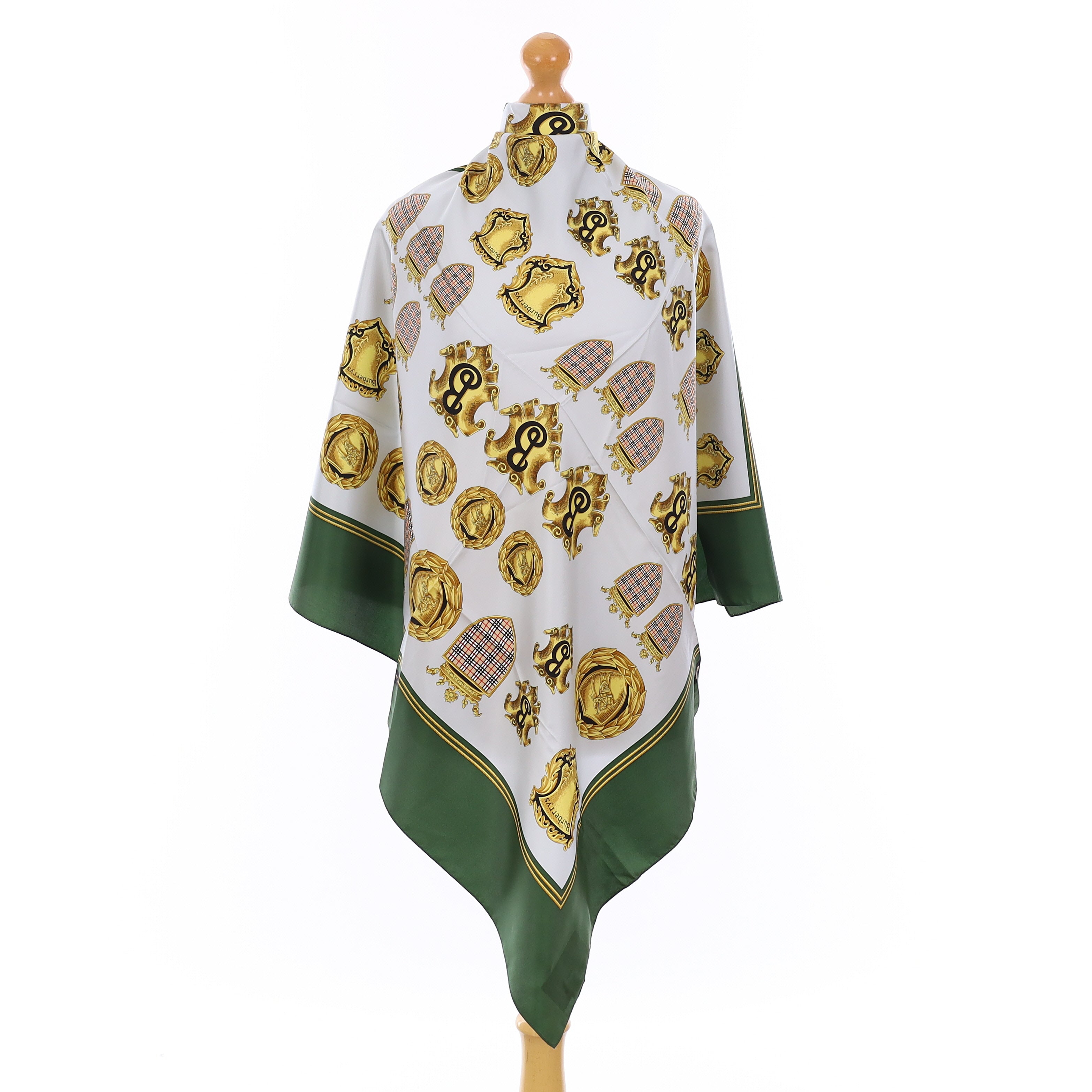Vintage Burberry Green & Gold Heraldic Silk Scarf