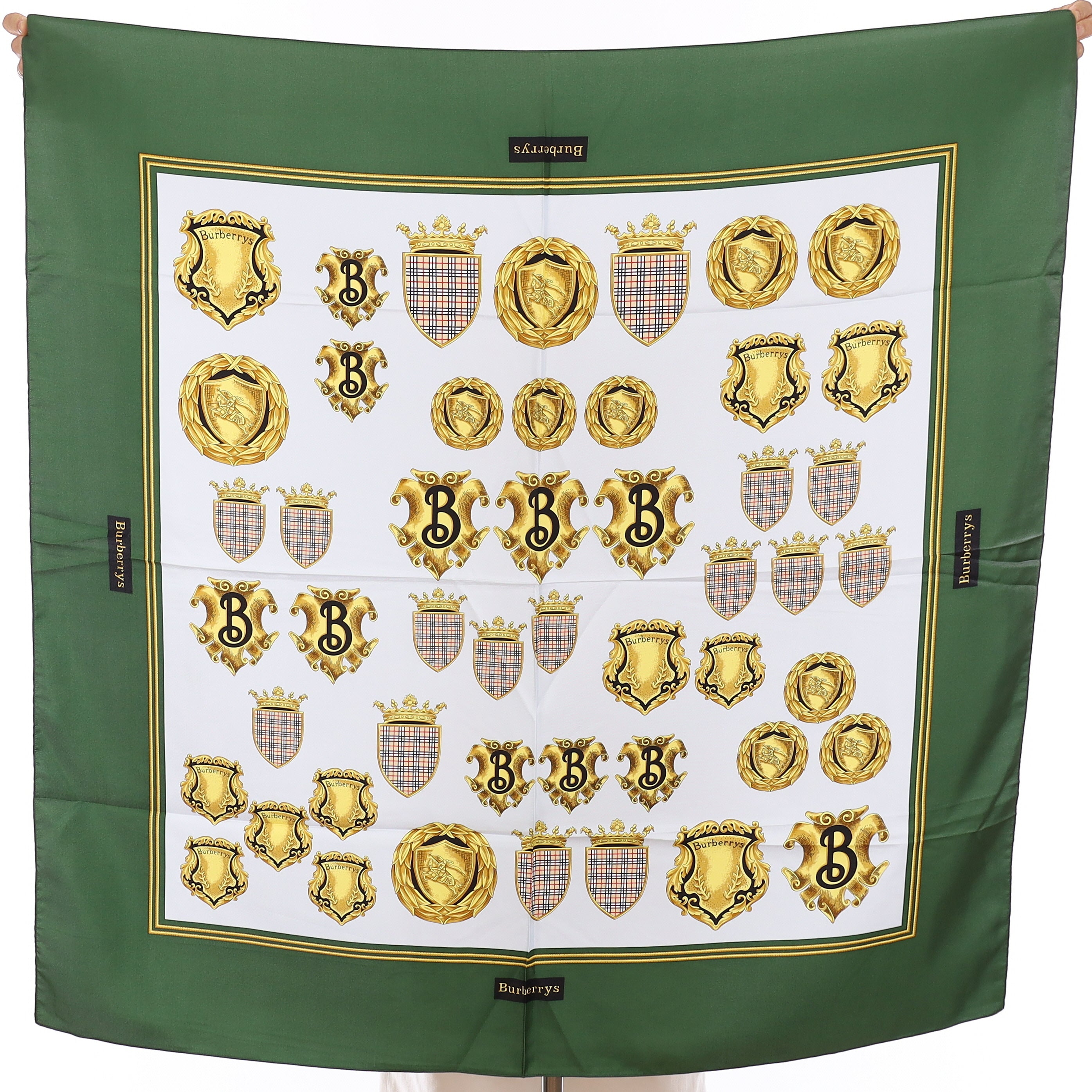 Vintage Burberry Green & Gold Heraldic Silk Scarf