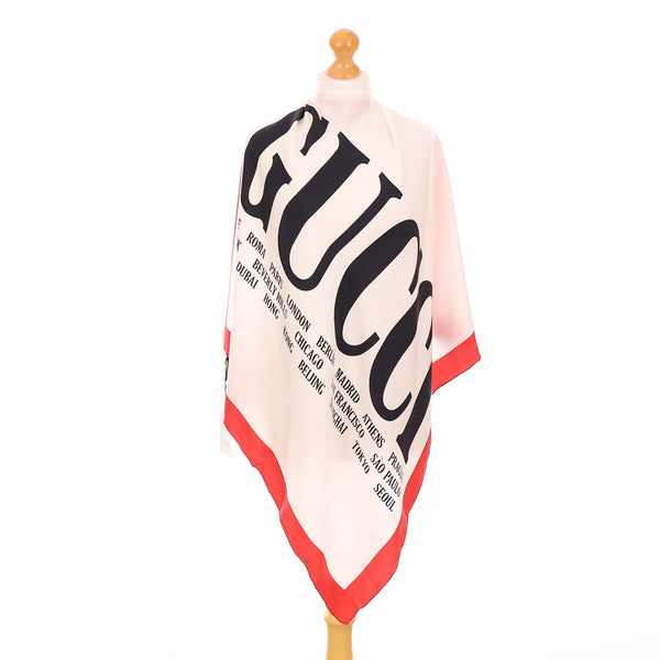 Brand New Gucci Red Typographic Silk Scarf