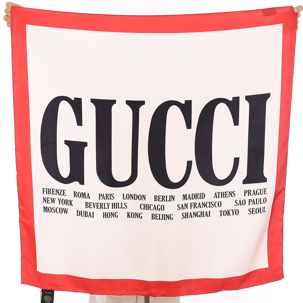 Brand New Gucci Red Typographic Silk Scarf