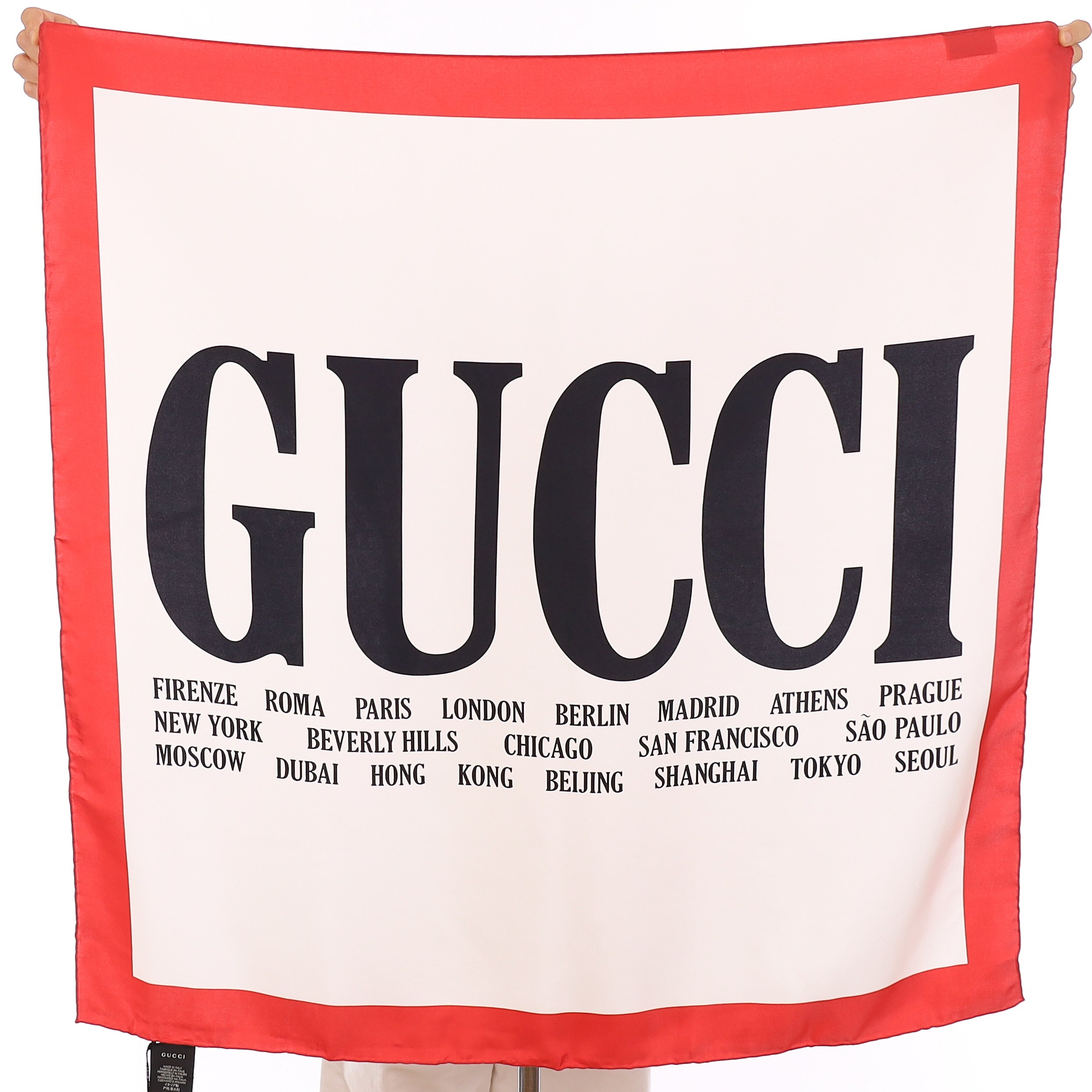 Brand New Gucci Red Typographic Silk Scarf
