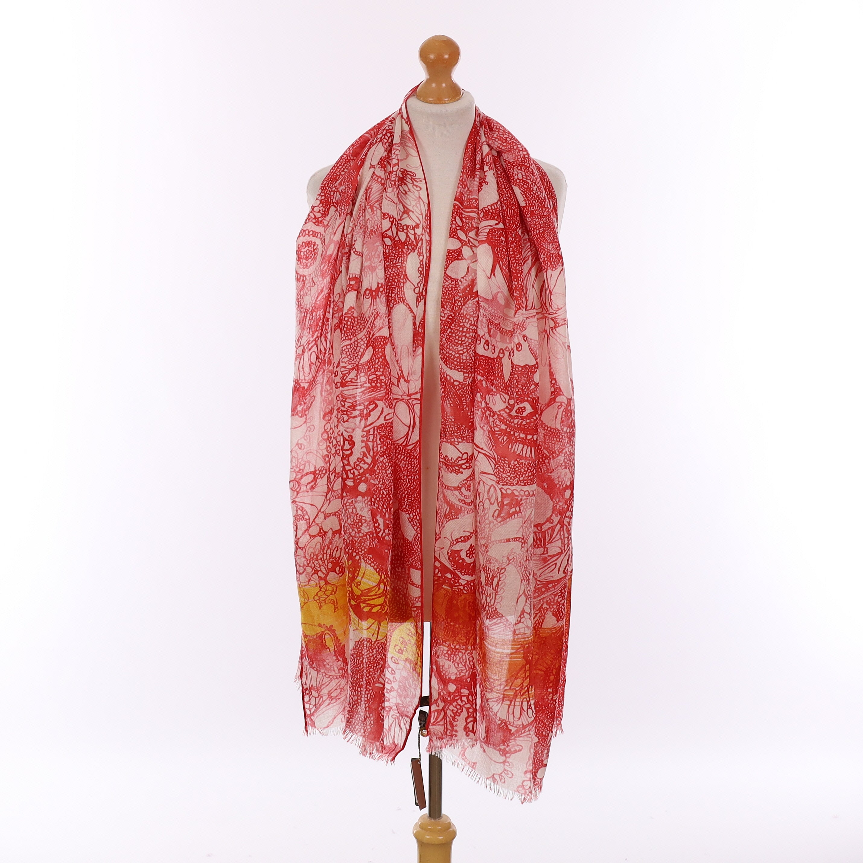 Pristine Loro Piana Red Floral Silk & Cashmere Scarf