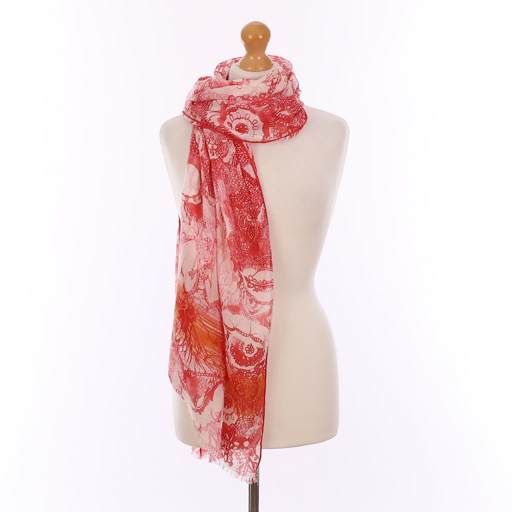 Pristine Loro Piana Red Floral Silk & Cashmere Scarf