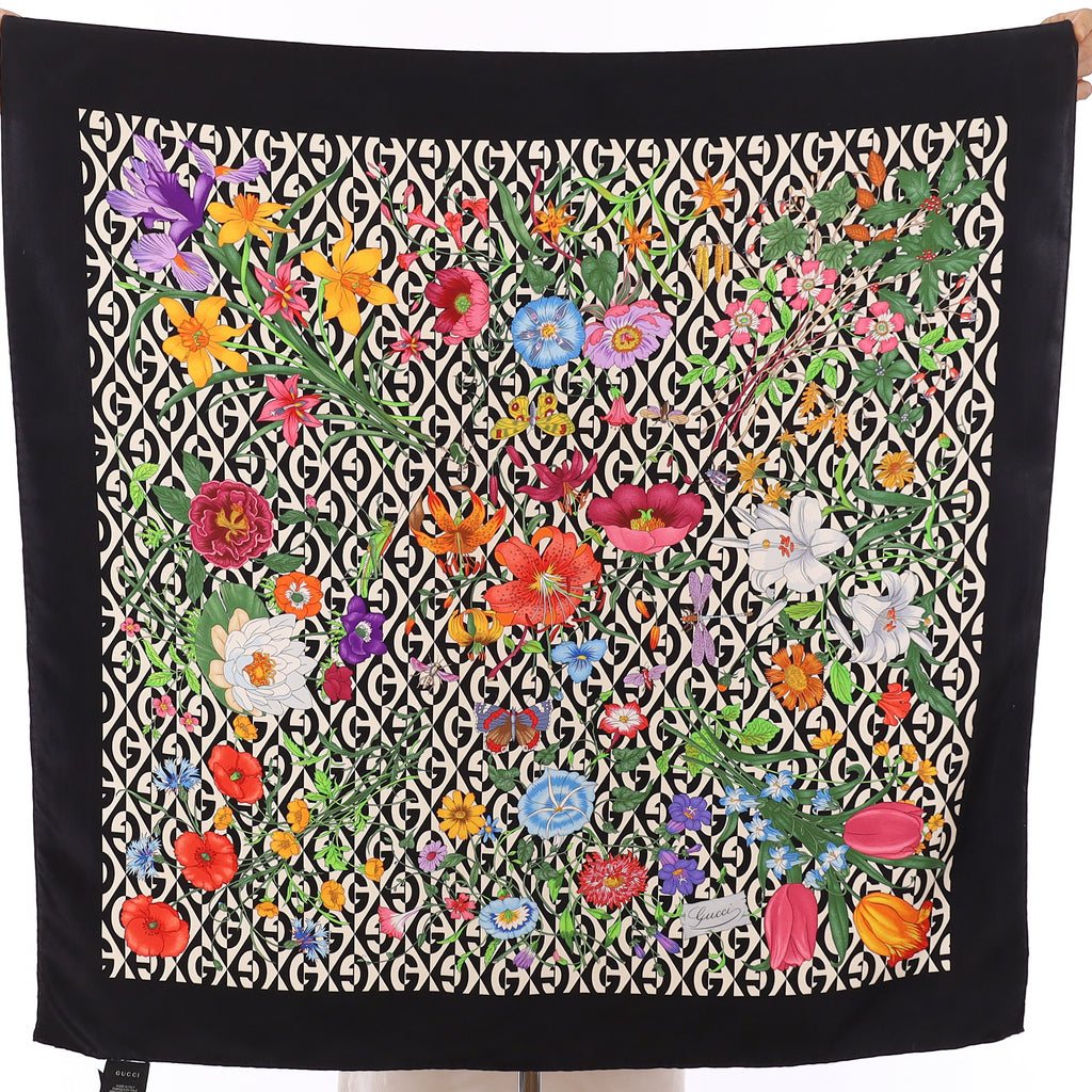 Gucci Black Floral Silk Scarf