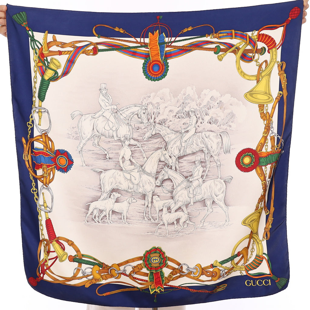 Vintage Gucci Navy Equestrian Silk Scarf