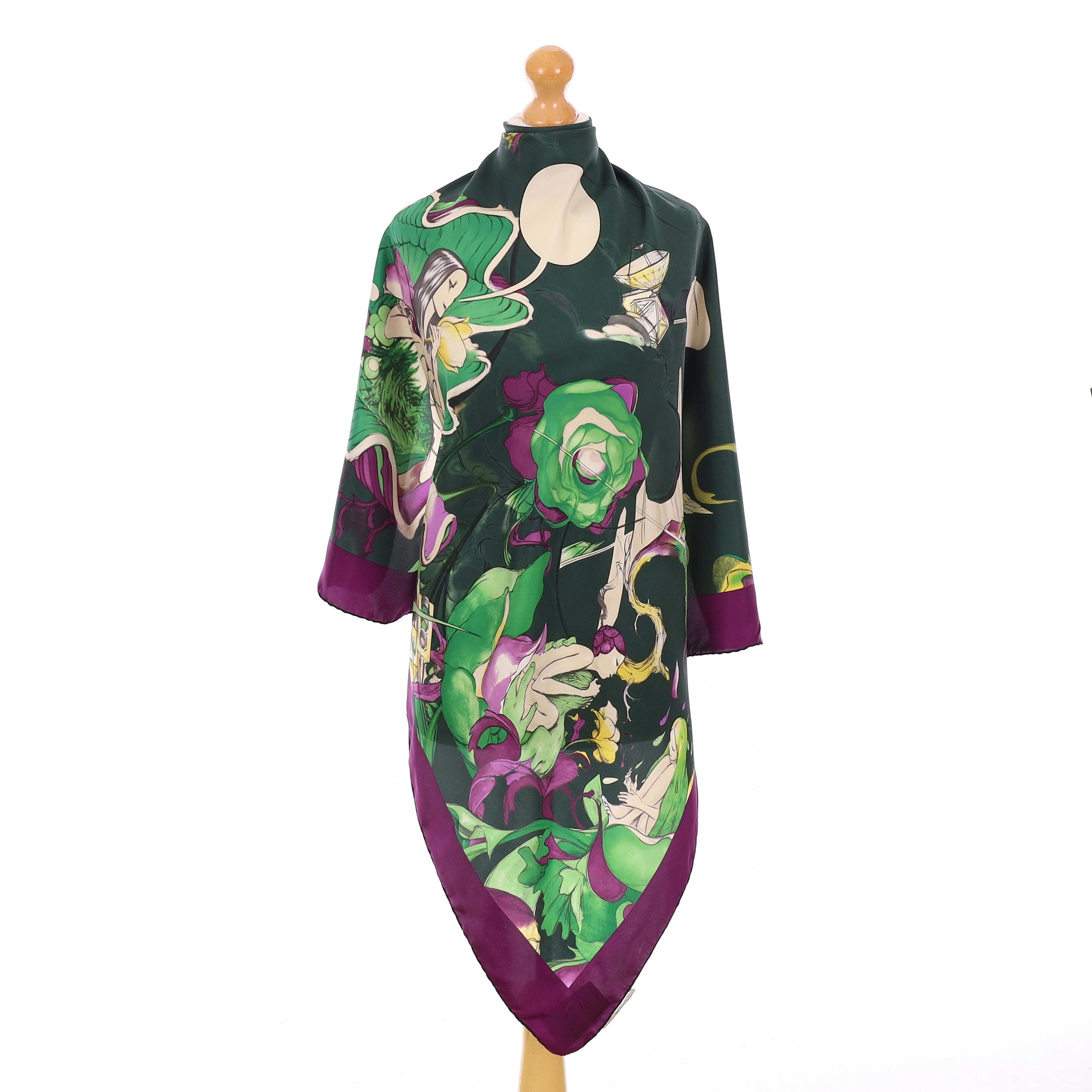 Prada Purple and Green Floral Silk Scarf