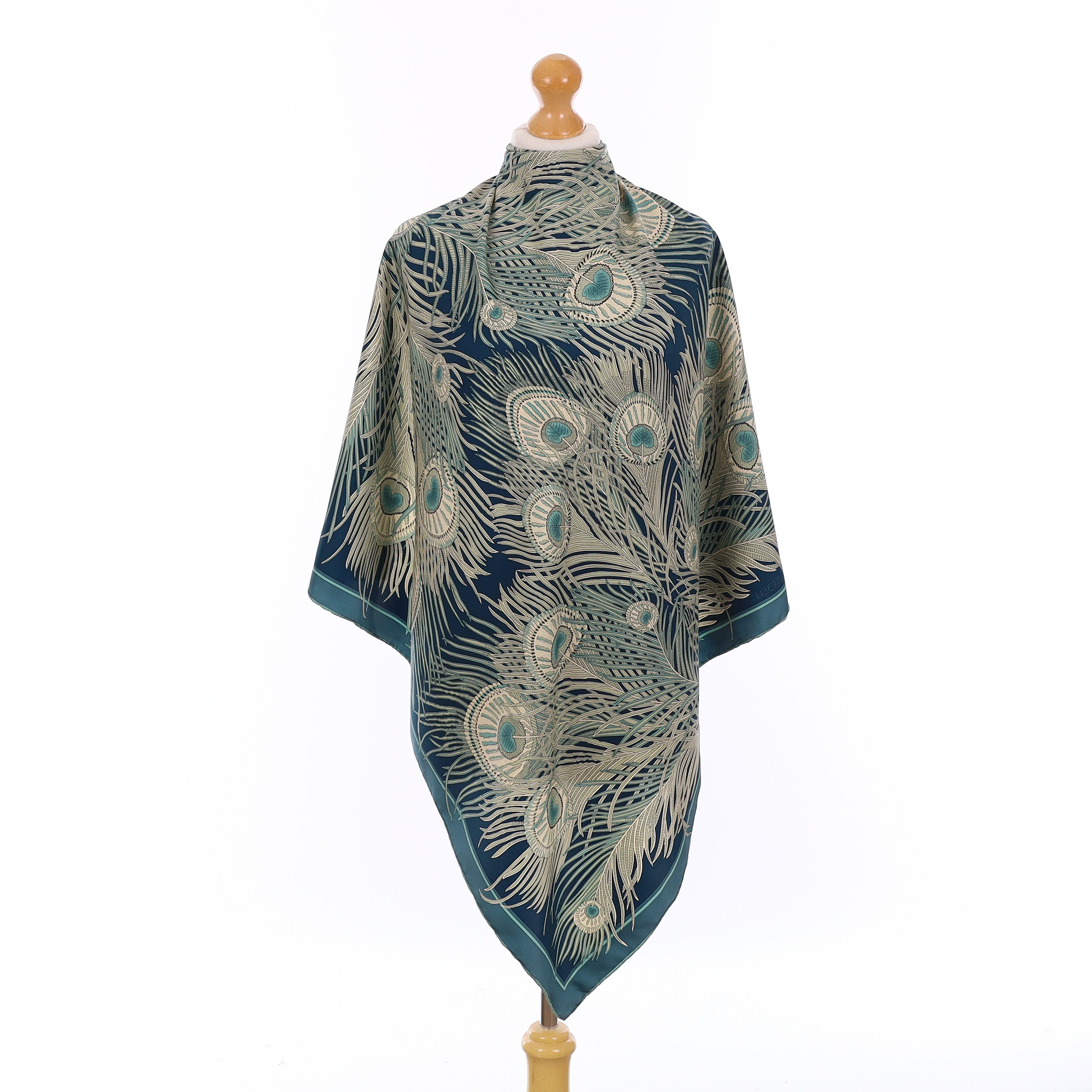 Vintage Liberty Blue Peacock Feather Silk Scarf