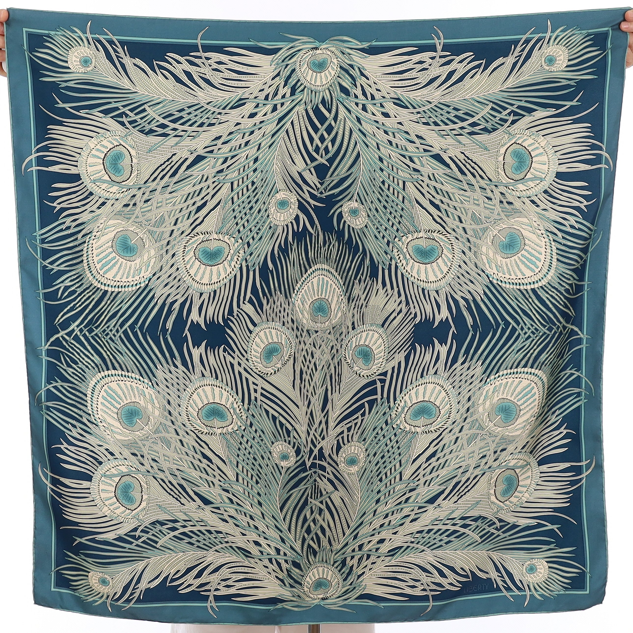 Vintage Liberty Blue Peacock Feather Silk Scarf