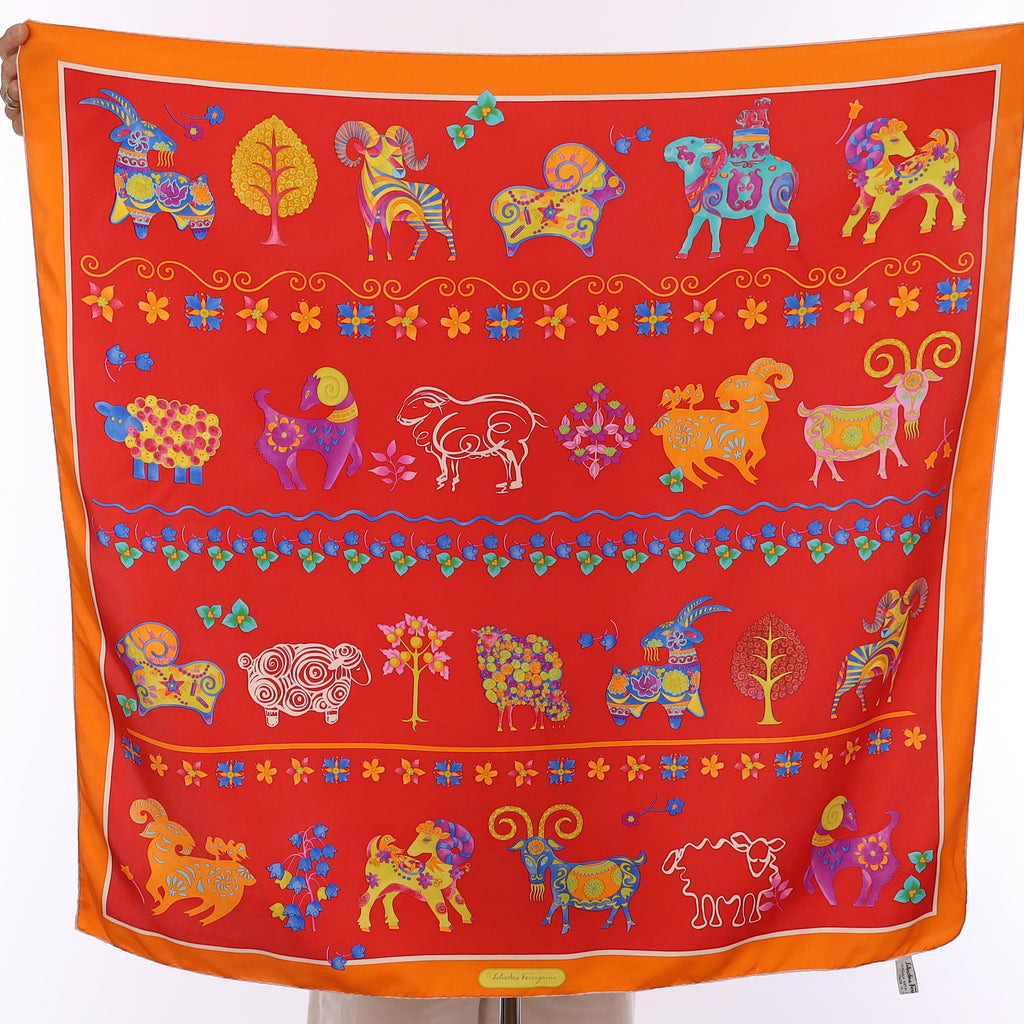 Vintage Ferragamo Red Animal Silk Scarf