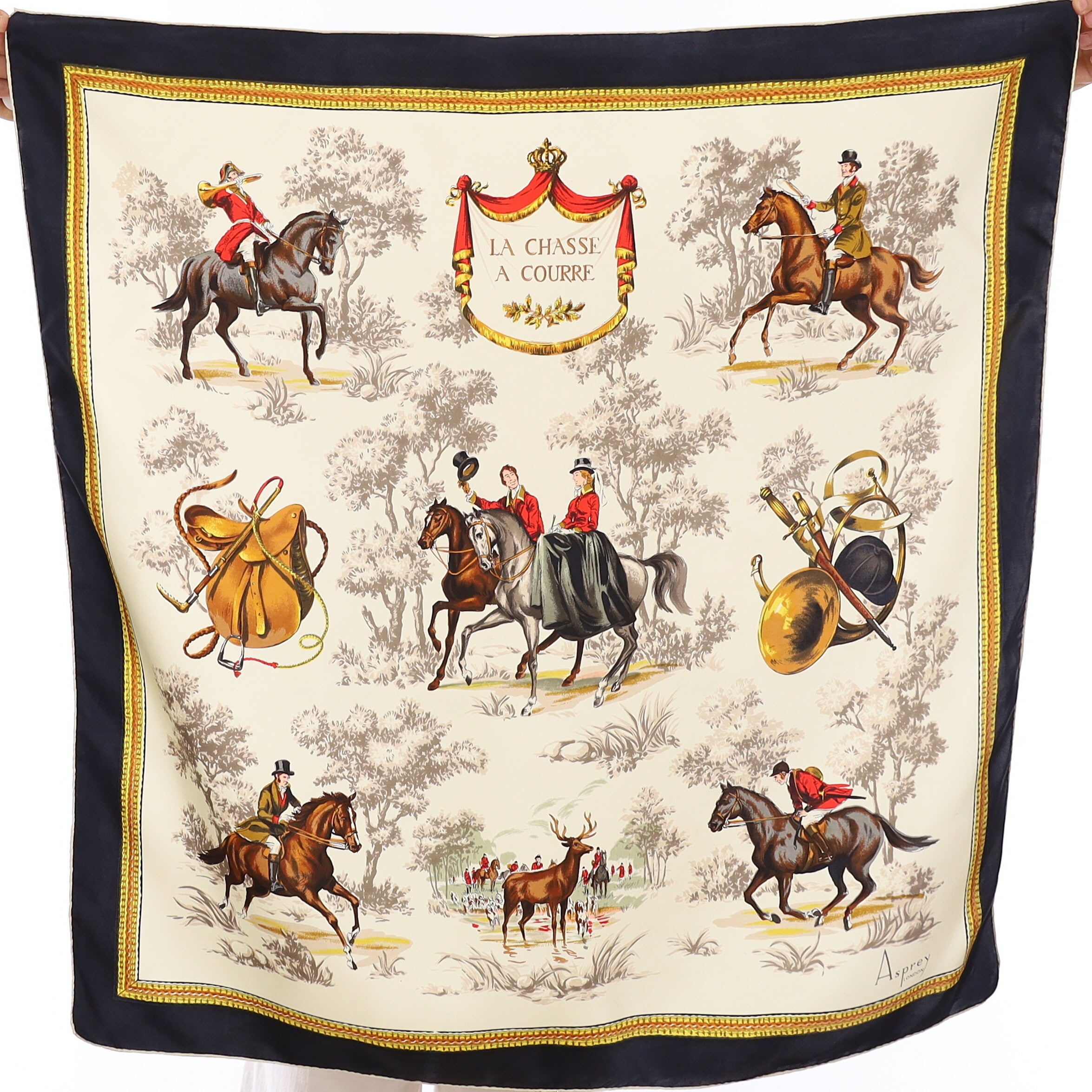 Asprey Navy Equestrian Vintage Silk Scarf