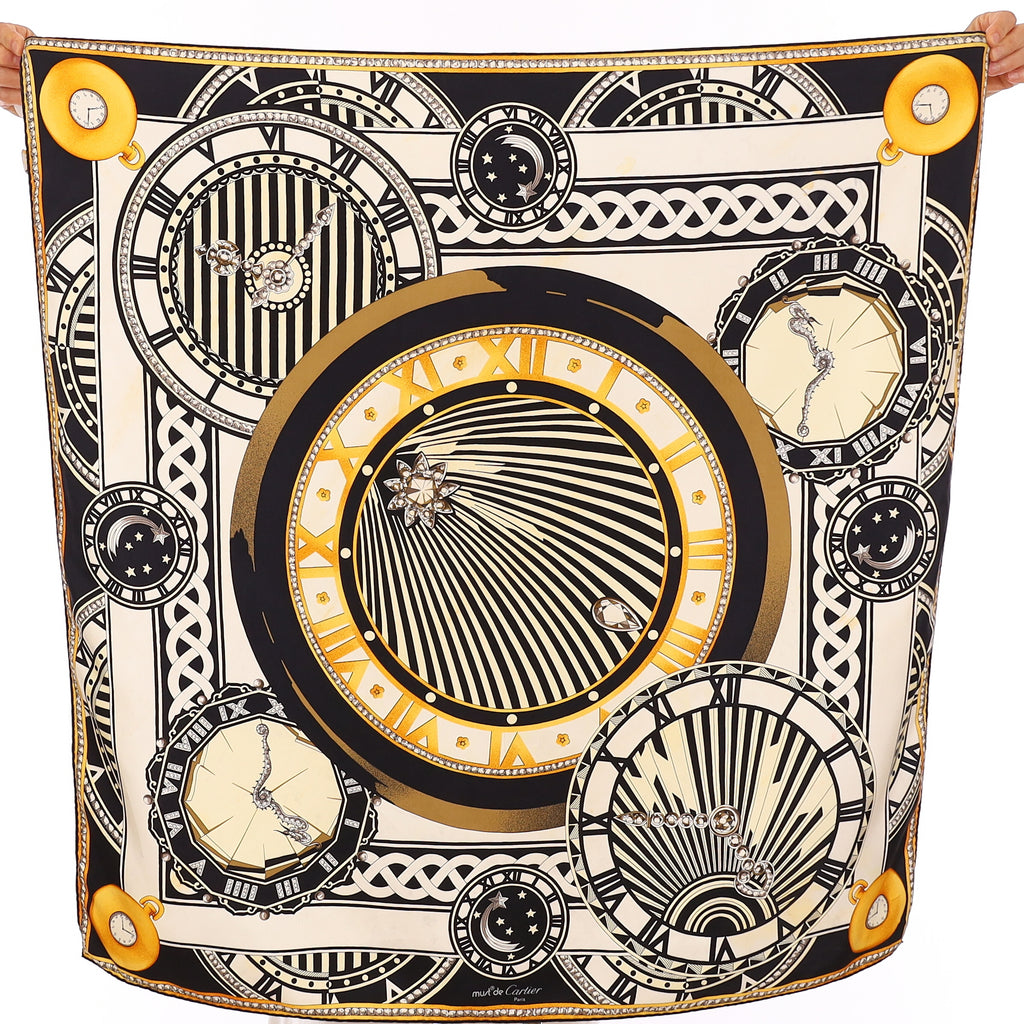 Vintage Cartier Monochrome Clock Silk Scarf