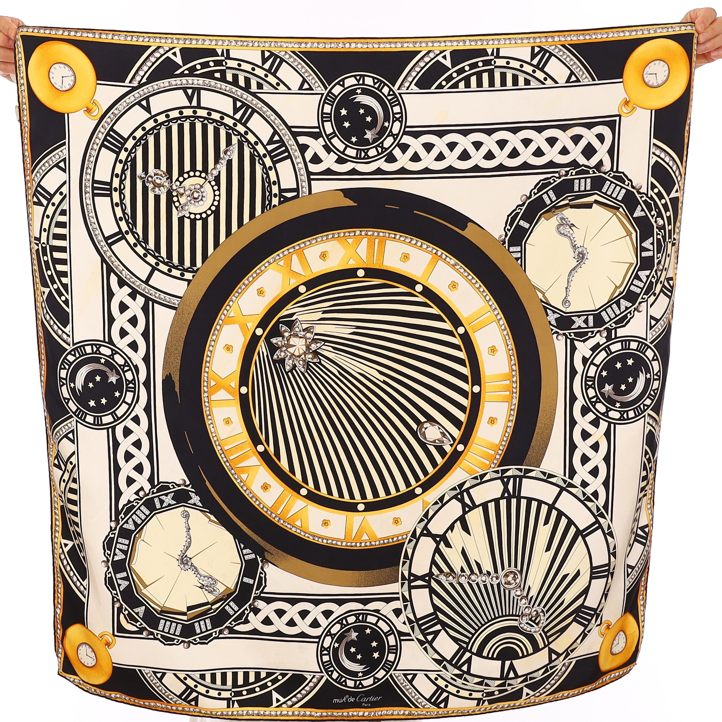 Vintage Cartier Monochrome Clock Silk Scarf