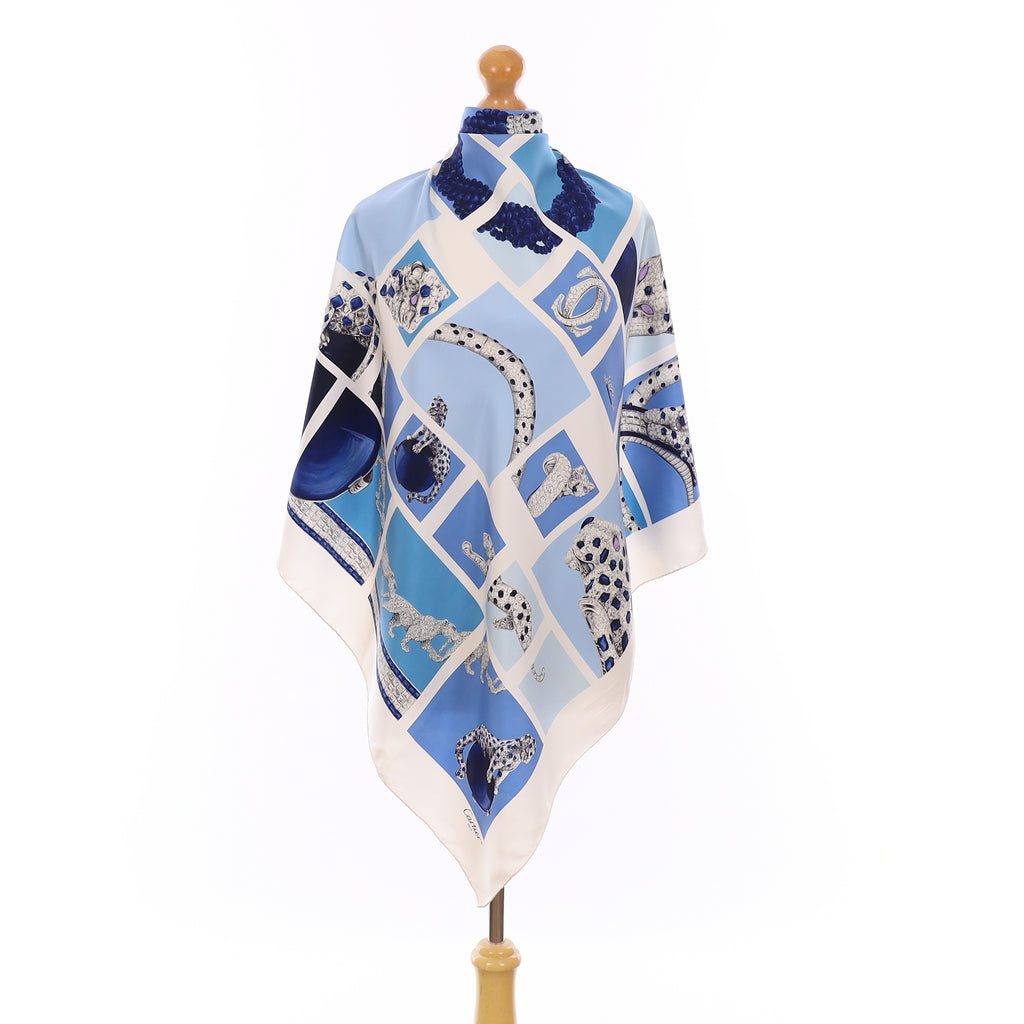 Vintage Cartier Blue Patterned Silk Scarf