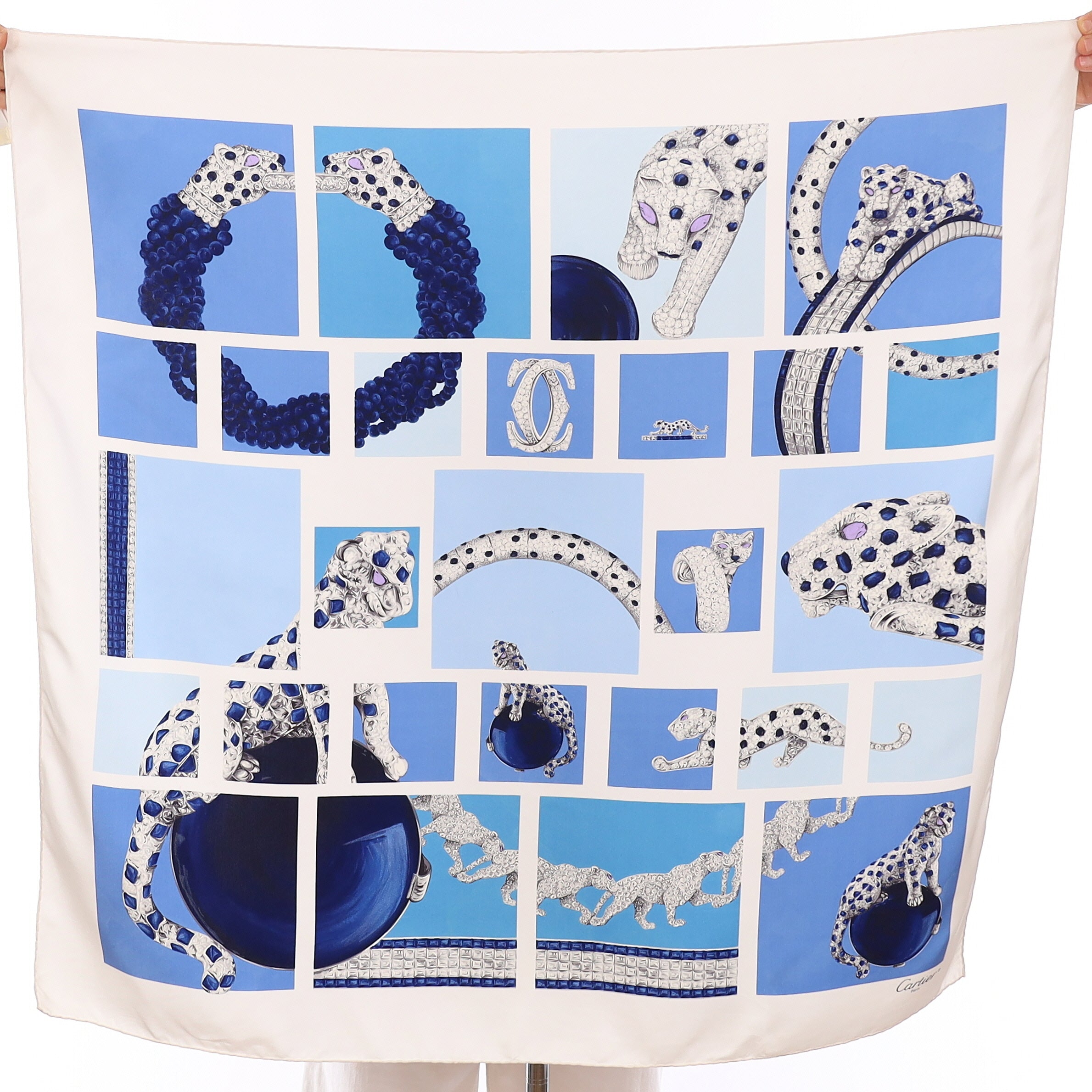 Vintage Cartier Blue Patterned Silk Scarf