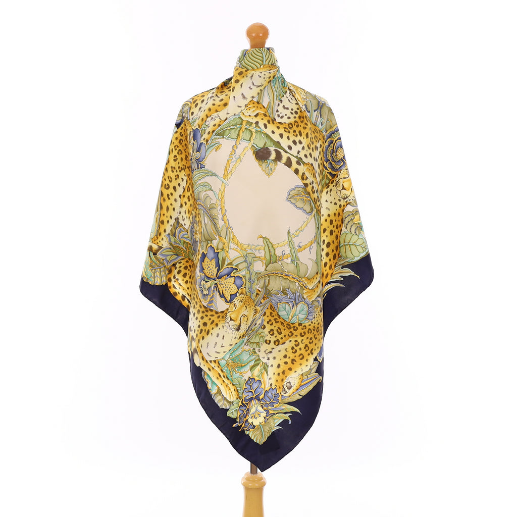 Ferragamo Navy Cheetah Design Silk Scarf
