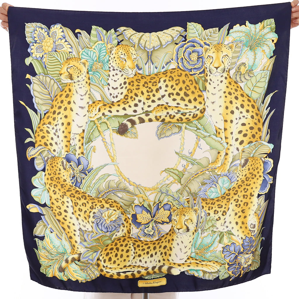 Ferragamo Navy Cheetah Design Silk Scarf