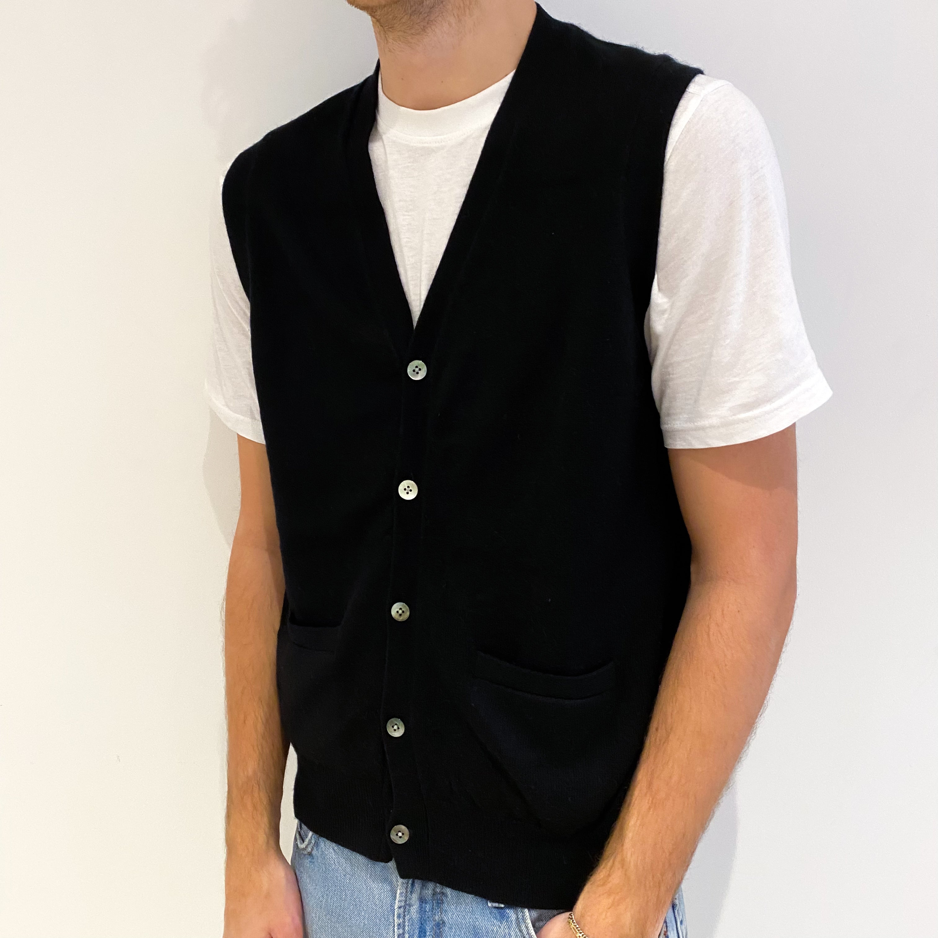 Men's Black Cashmere V Neck Waistcoat Large