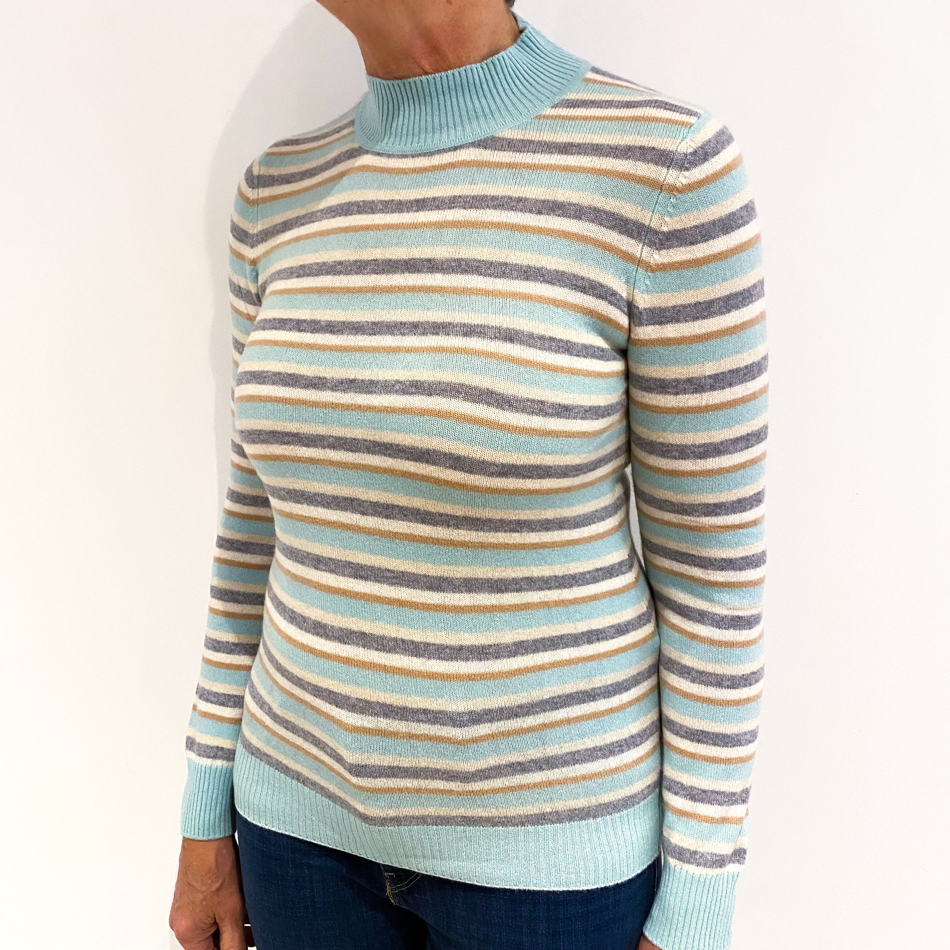 Deep Mint, Camel, Grey and White Striped Cashmere Turtle Neck Jumper Medium