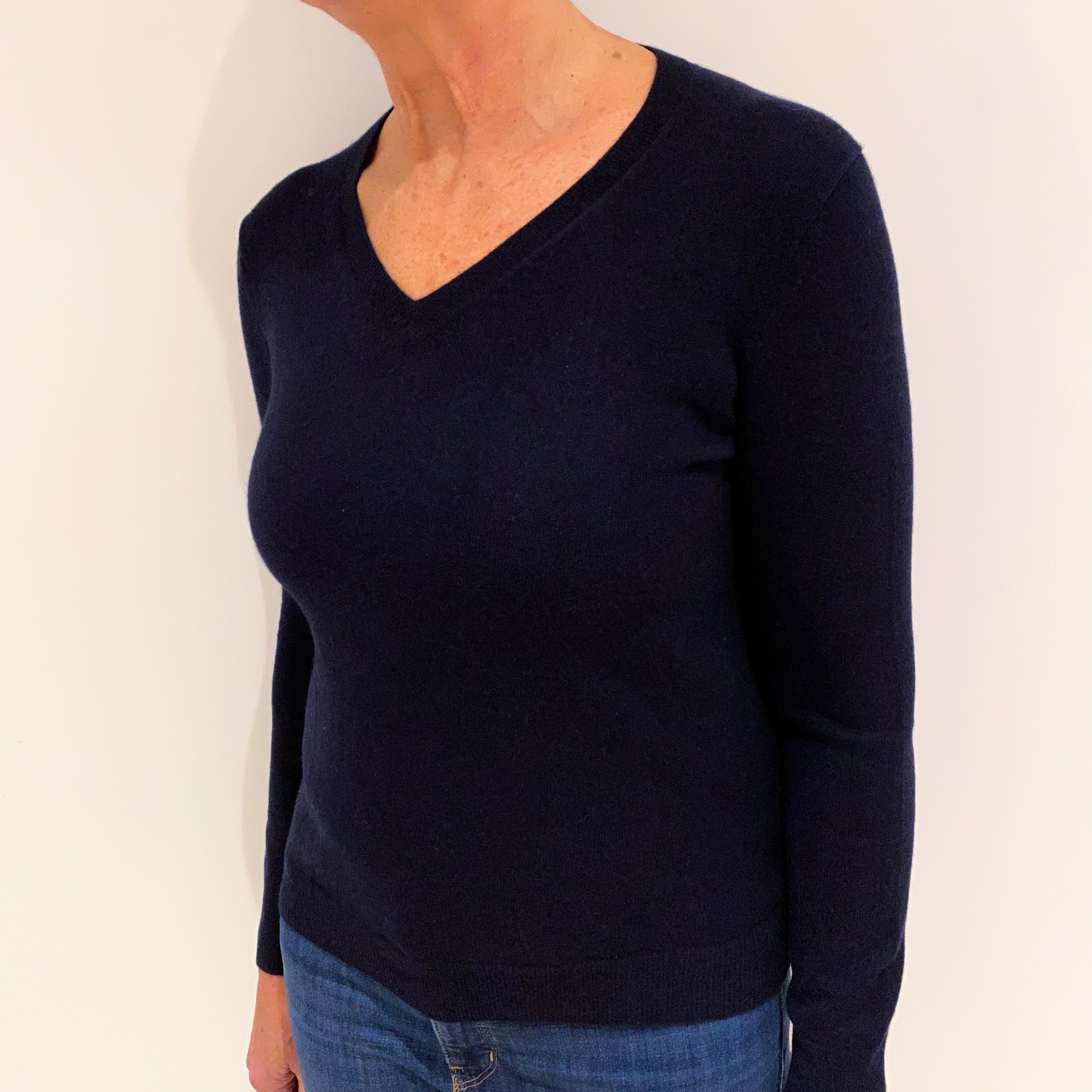 Navy Blue Cashmere V Neck Jumper Medium