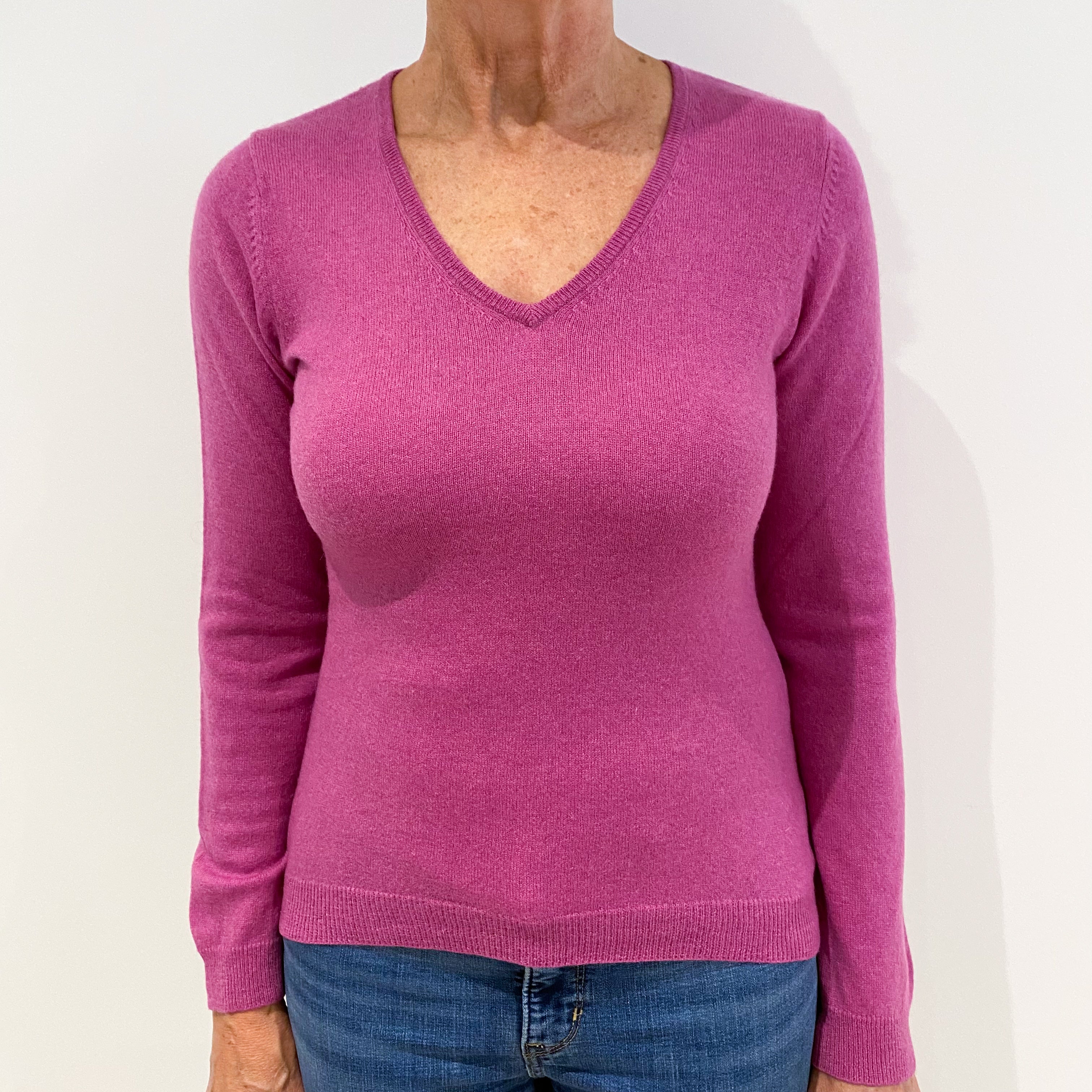 Heather Pink Sim Fit Cashmere V-Neck Jumper Medium