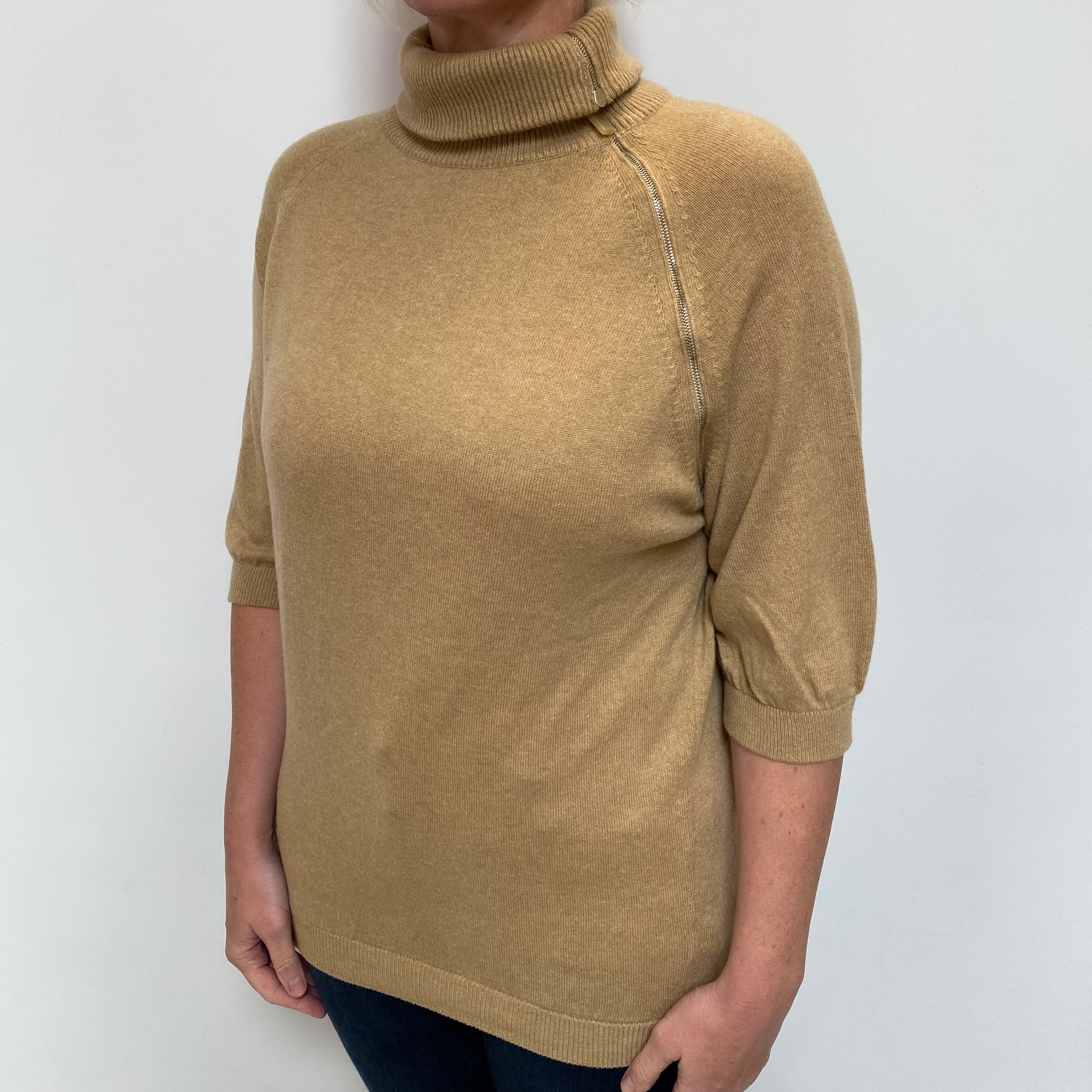 Camel Brown Cashmere Short Sleeve Split Polo Neck Jumper Large