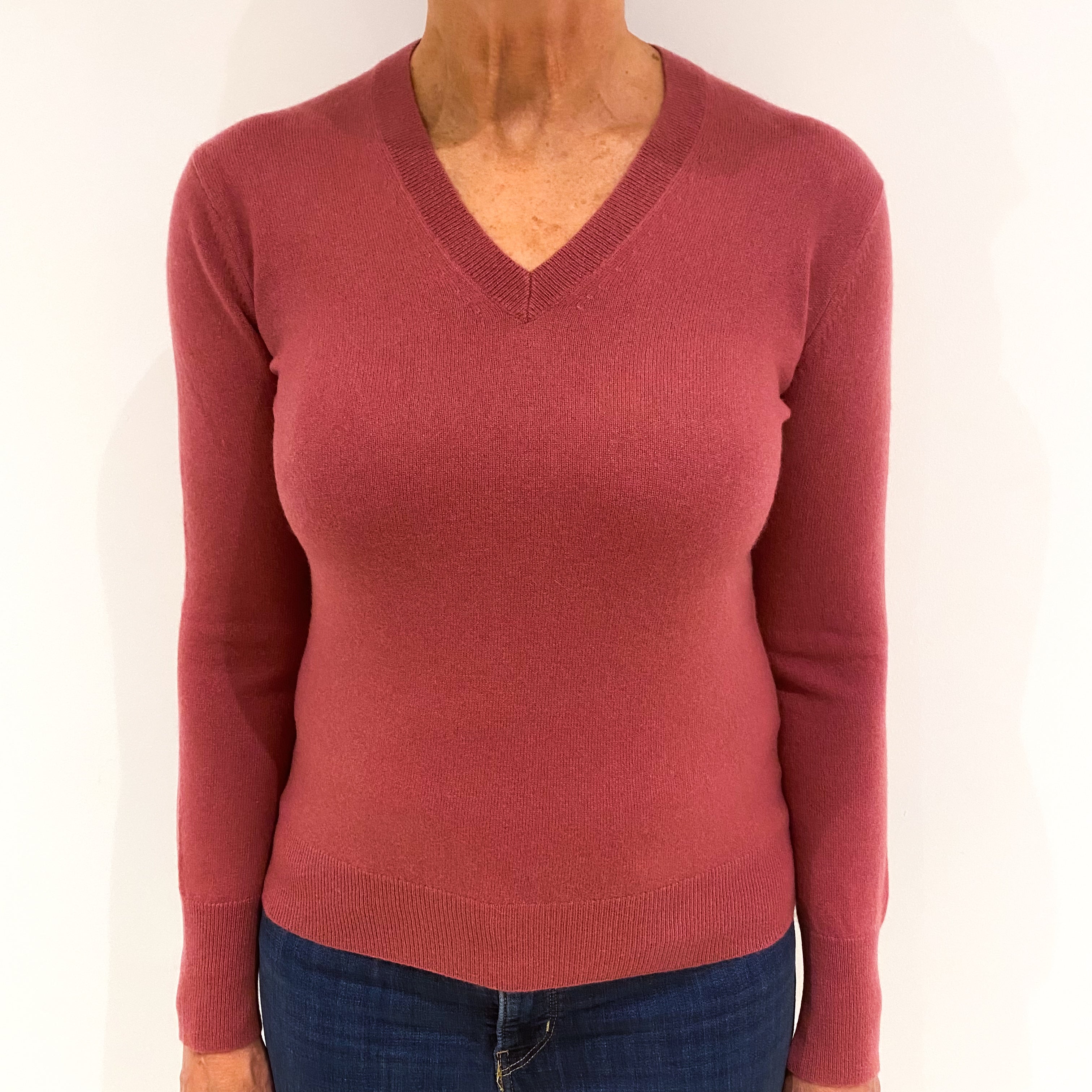 Loganberry Pink Cashmere V-Neck Jumper Medium