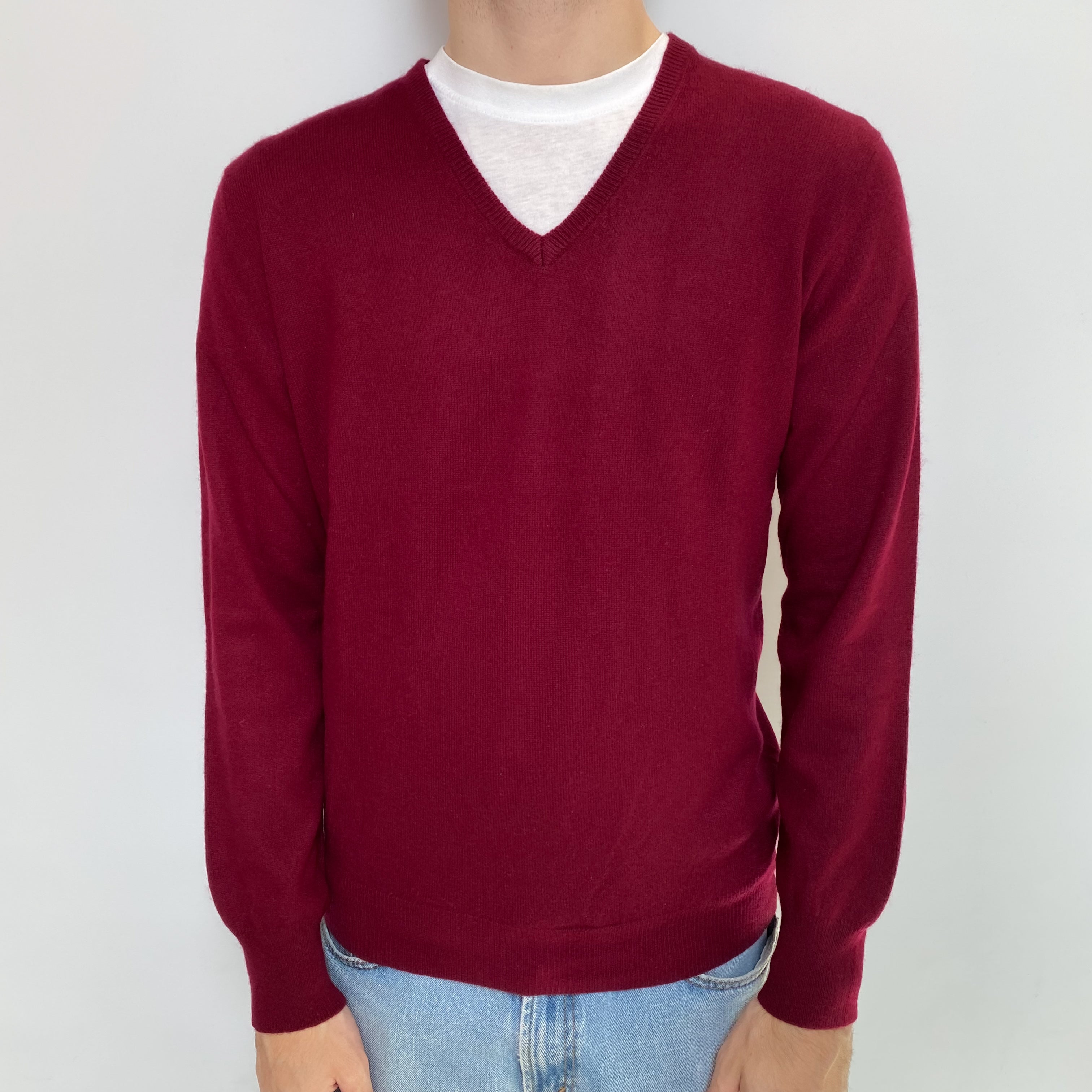 Men's Burgundy Red Cashmere V Neck Jumper Large