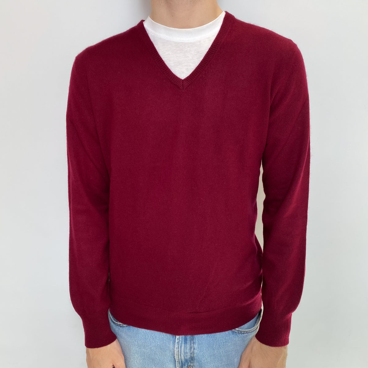 Men's Burgundy Red Cashmere V Neck Jumper Large
