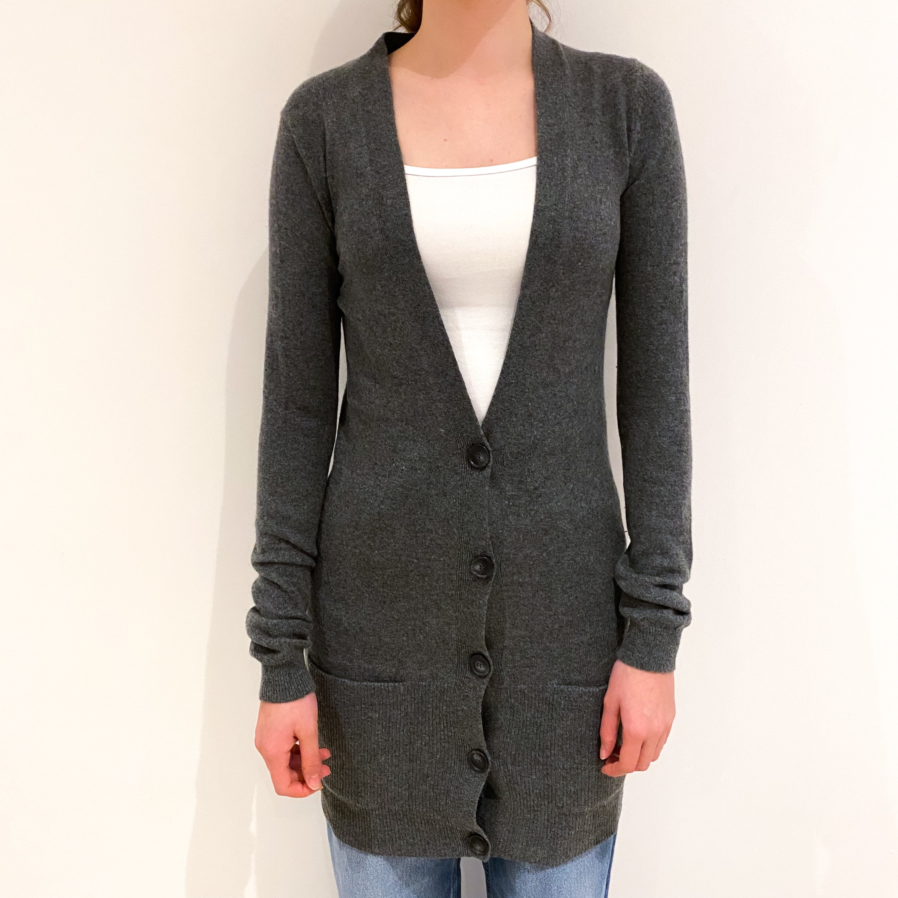 Slate Grey Cashmere Longline V-Neck Cardigan Extra Small