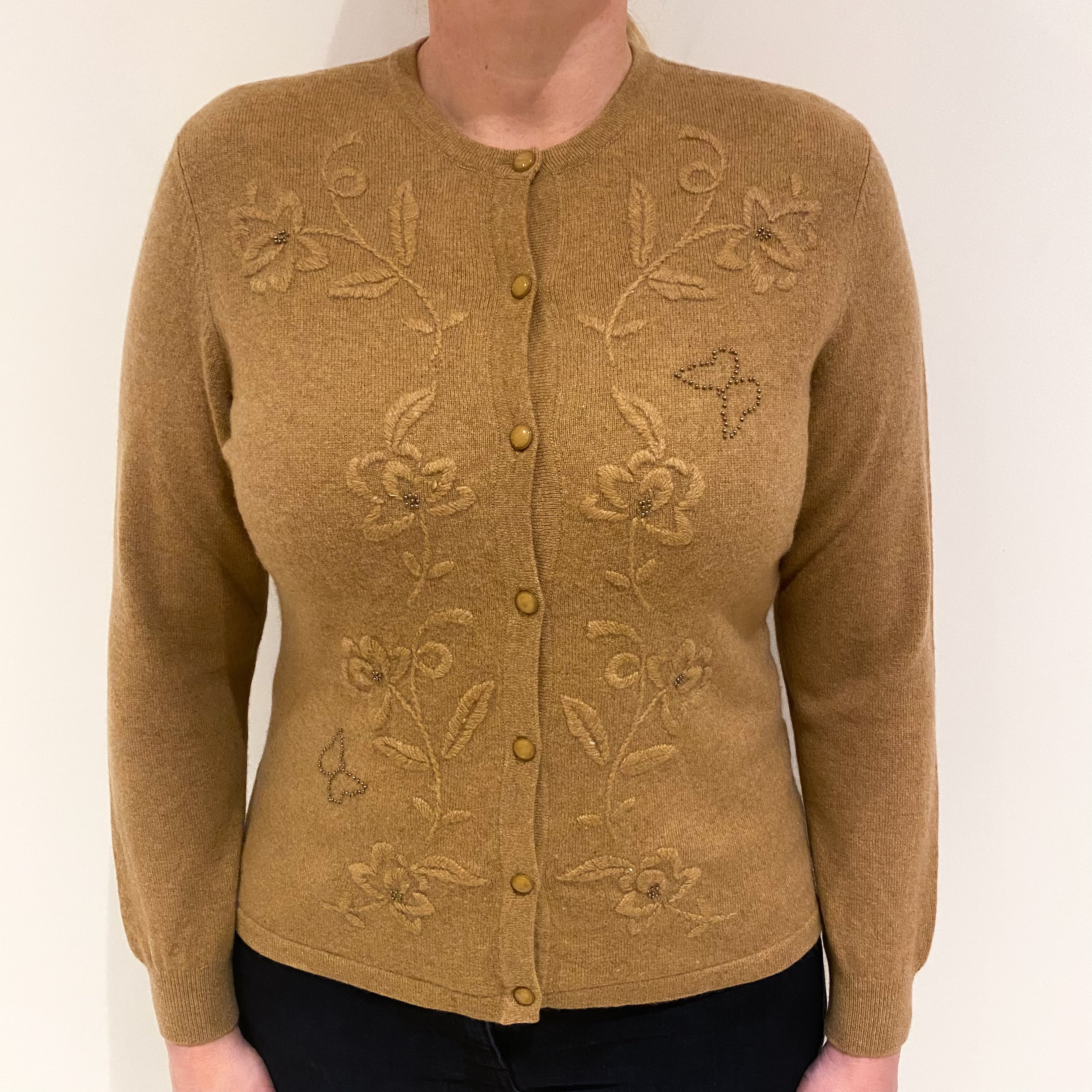 Camel Brown Floral Embroidered Cashmere Crew Cardigan Large