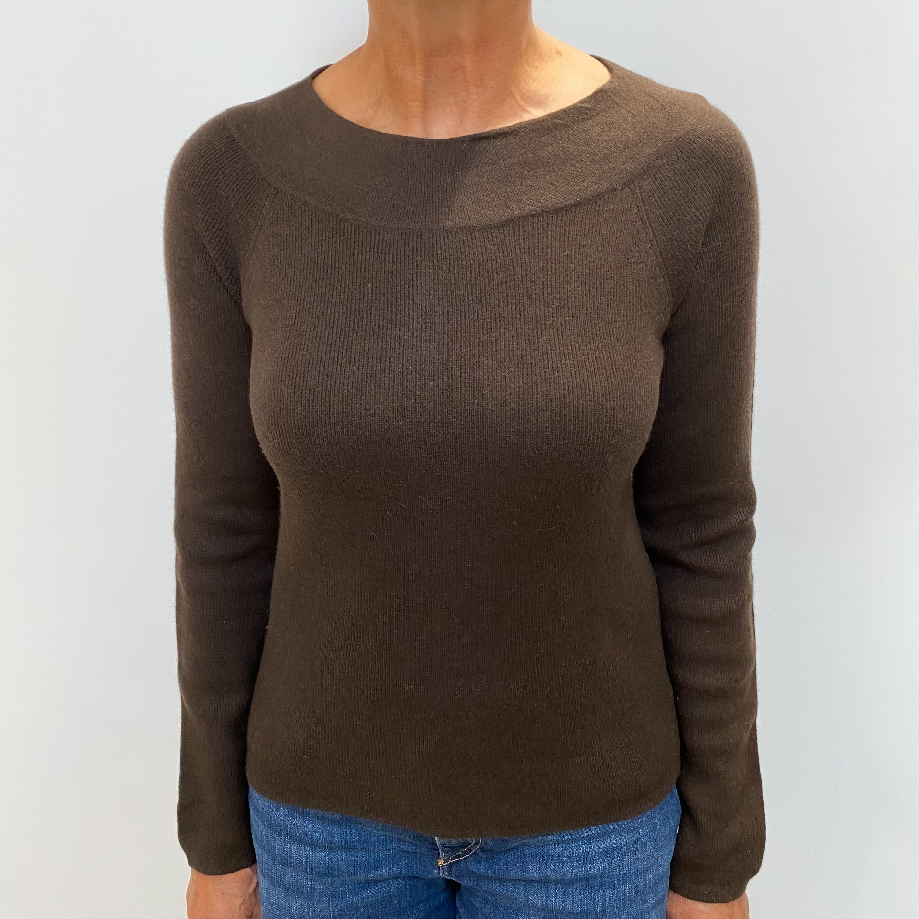 Peppercorn Brown Cashmere Crew Neck Ribbed Knit Jumper Medium