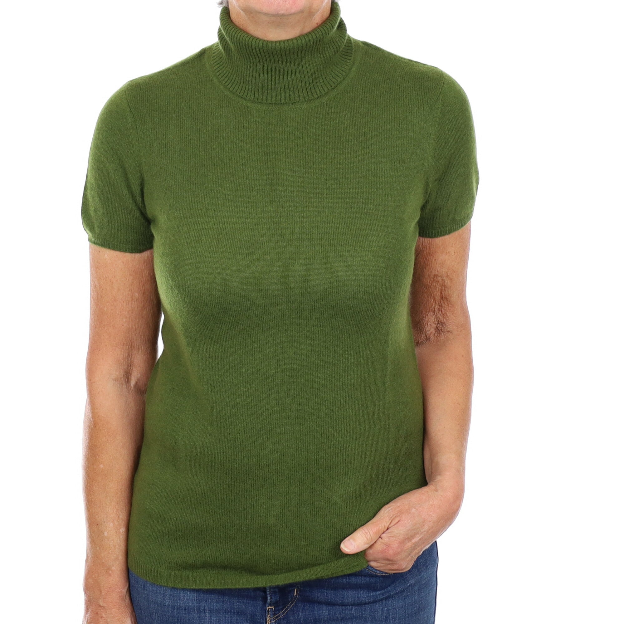 Moss Green Cashmere Polo Neck Jumper Short Sleeve Medium