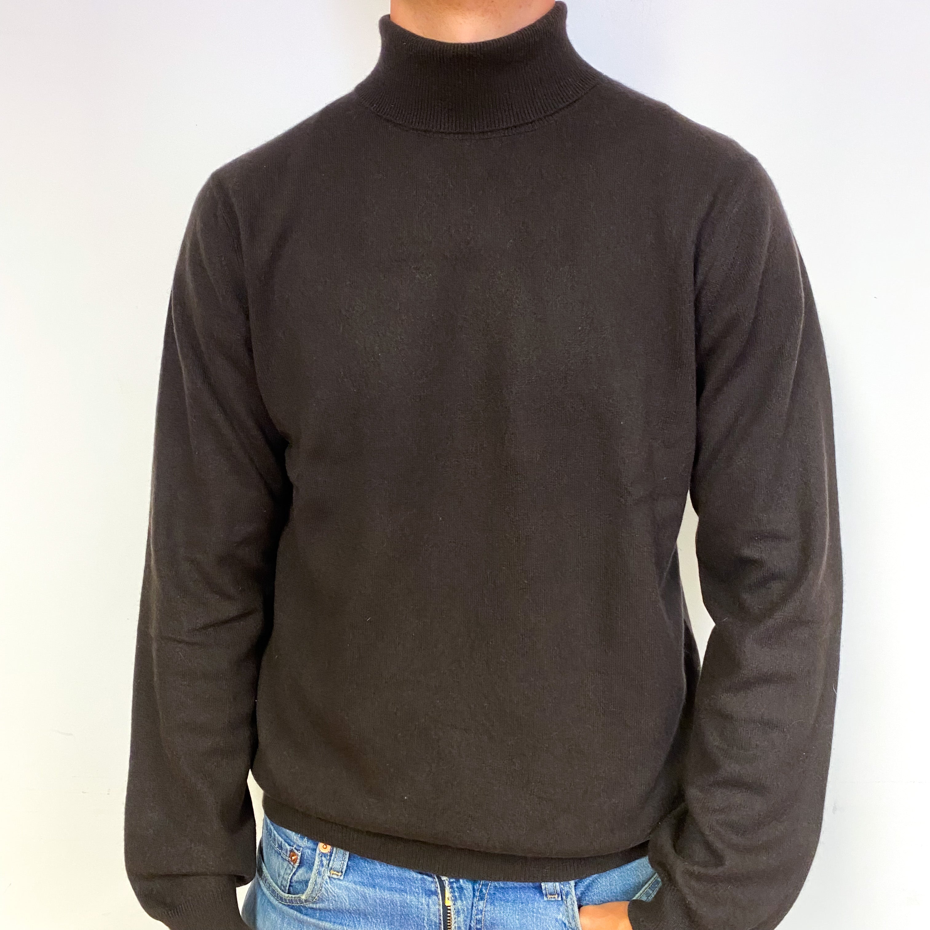 Men's Peppercorn Brown Cashmere Polo Neck Jumper Extra Large