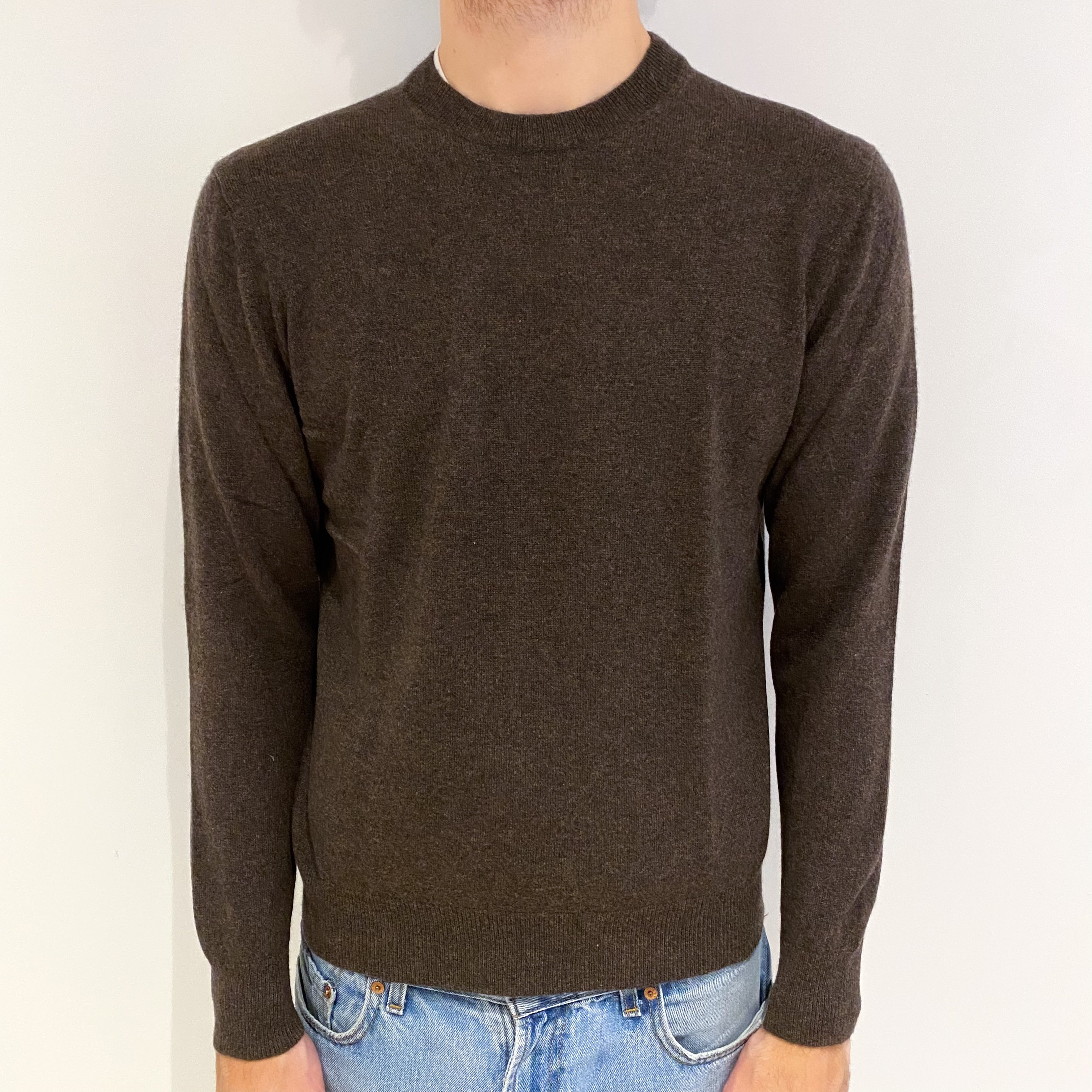 Men's Mole Brown Cashmere Crew Neck Jumper Medium