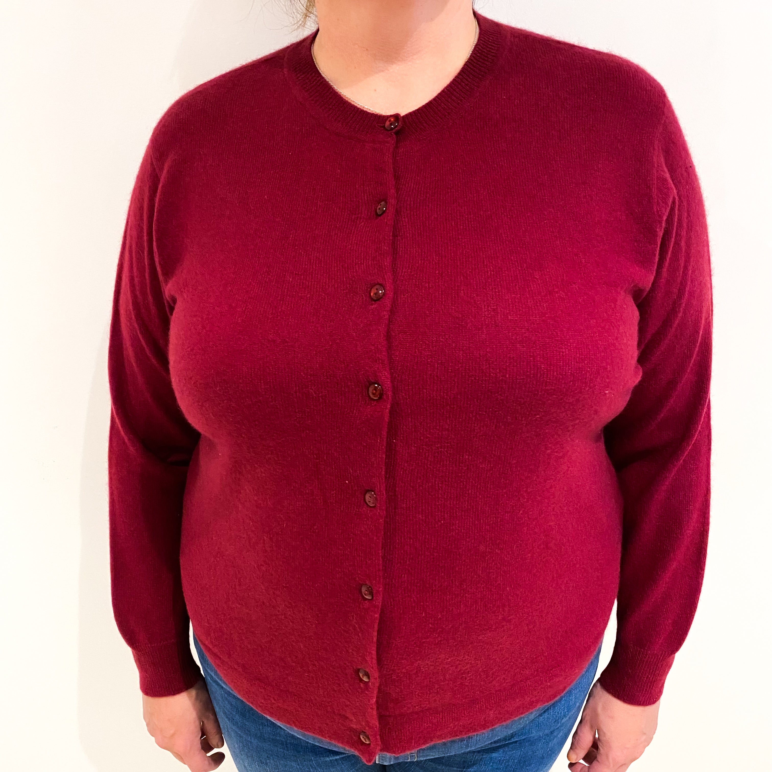 Garnet Red Cashmere Crew Neck Cardigan Extra Large