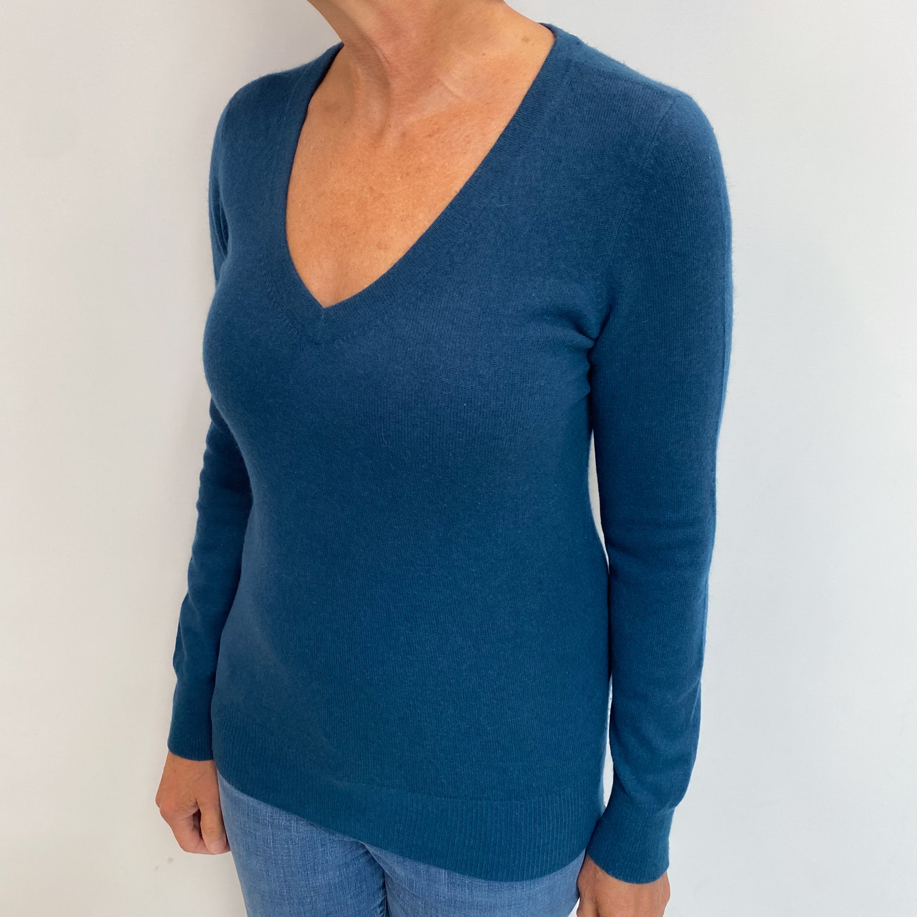 Deep Ocean Blue Cashmere V Neck Jumper Medium