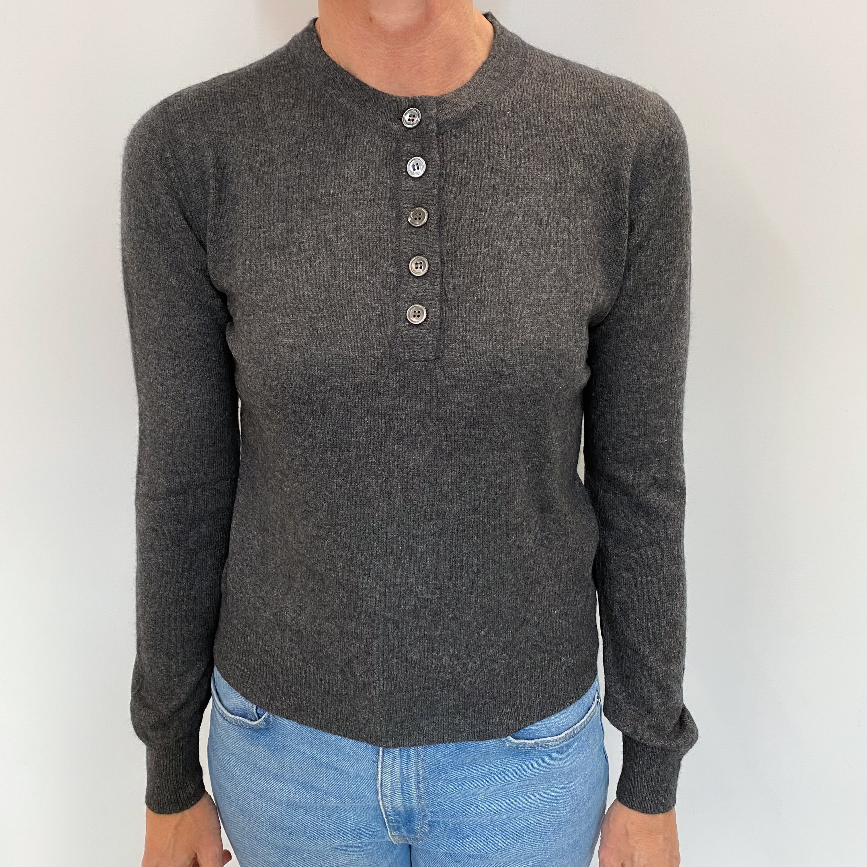Slate Grey Cashmere 1/4 Buttoned Crew Neck Jumper Small
