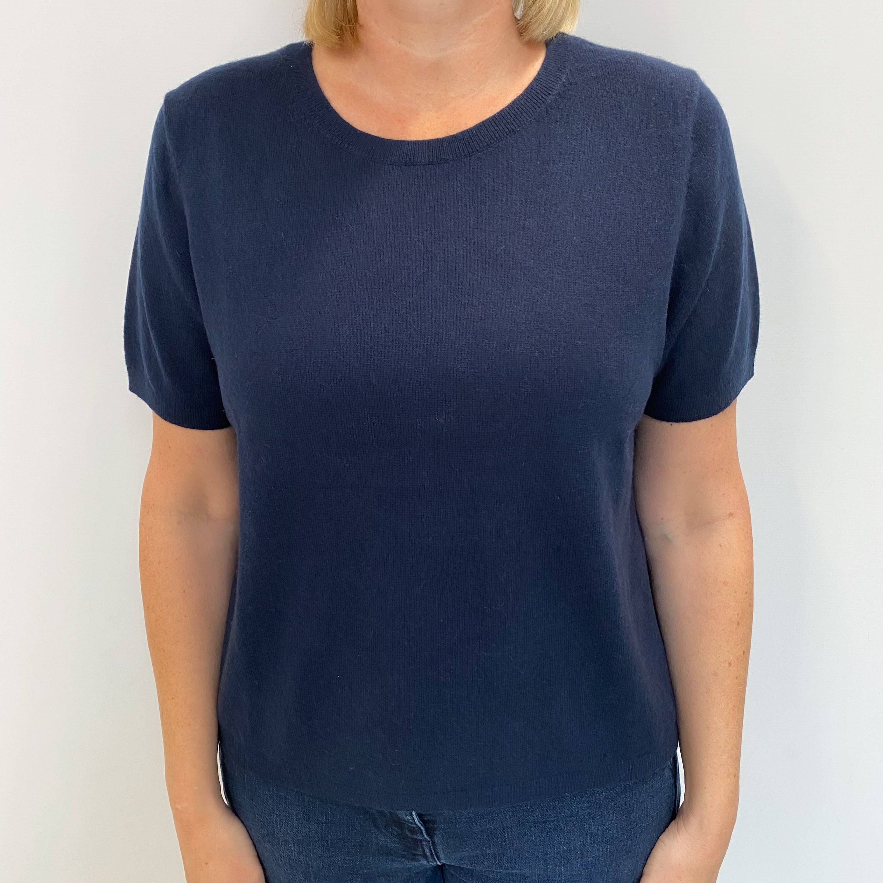 Navy Blue Cashmere Crew Neck Short Sleeved Jumper Large