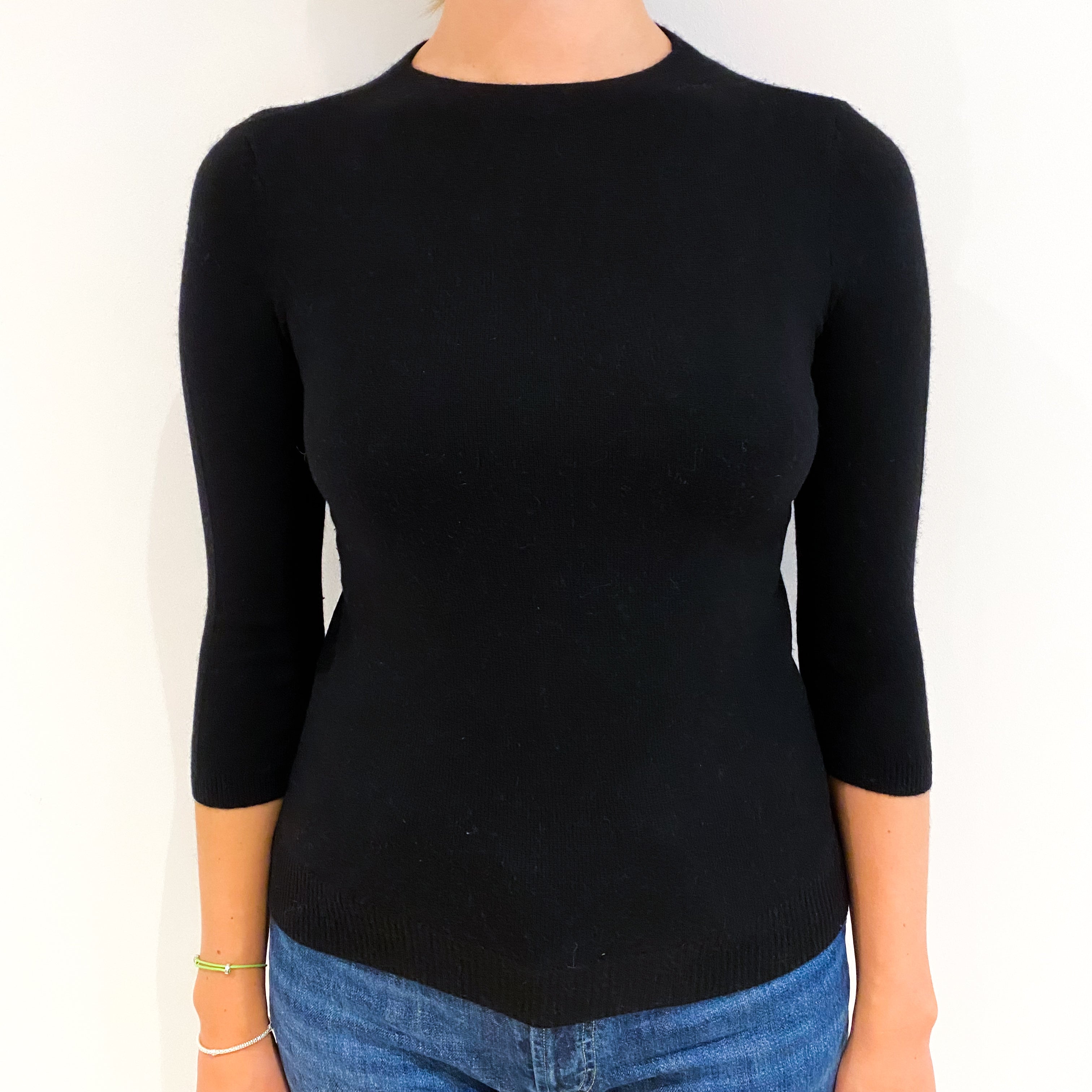Black 3/4 Sleeve Cashmere Crew Neck Jumper Small
