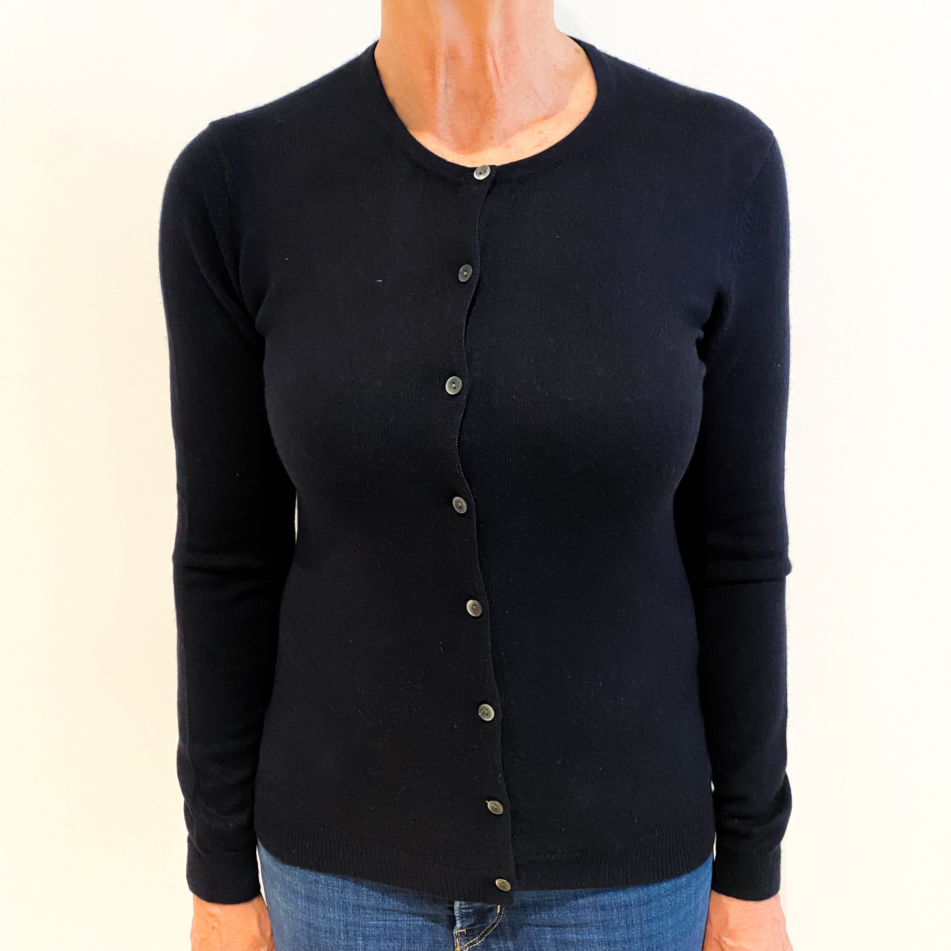 Navy Blue Cashmere Crew Neck Cardigan Medium