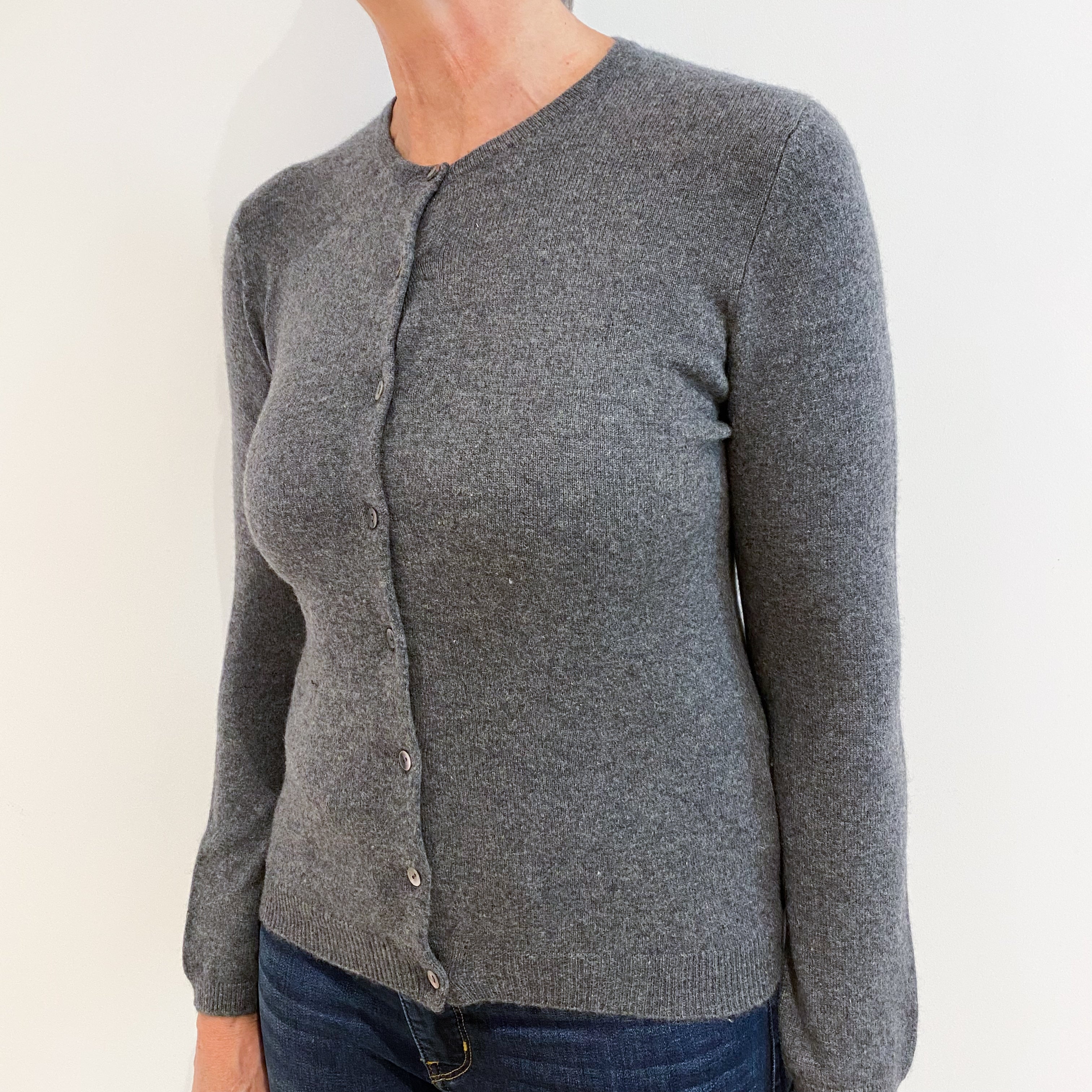 Slate Grey Cashmere Crew Neck Cardigan Medium