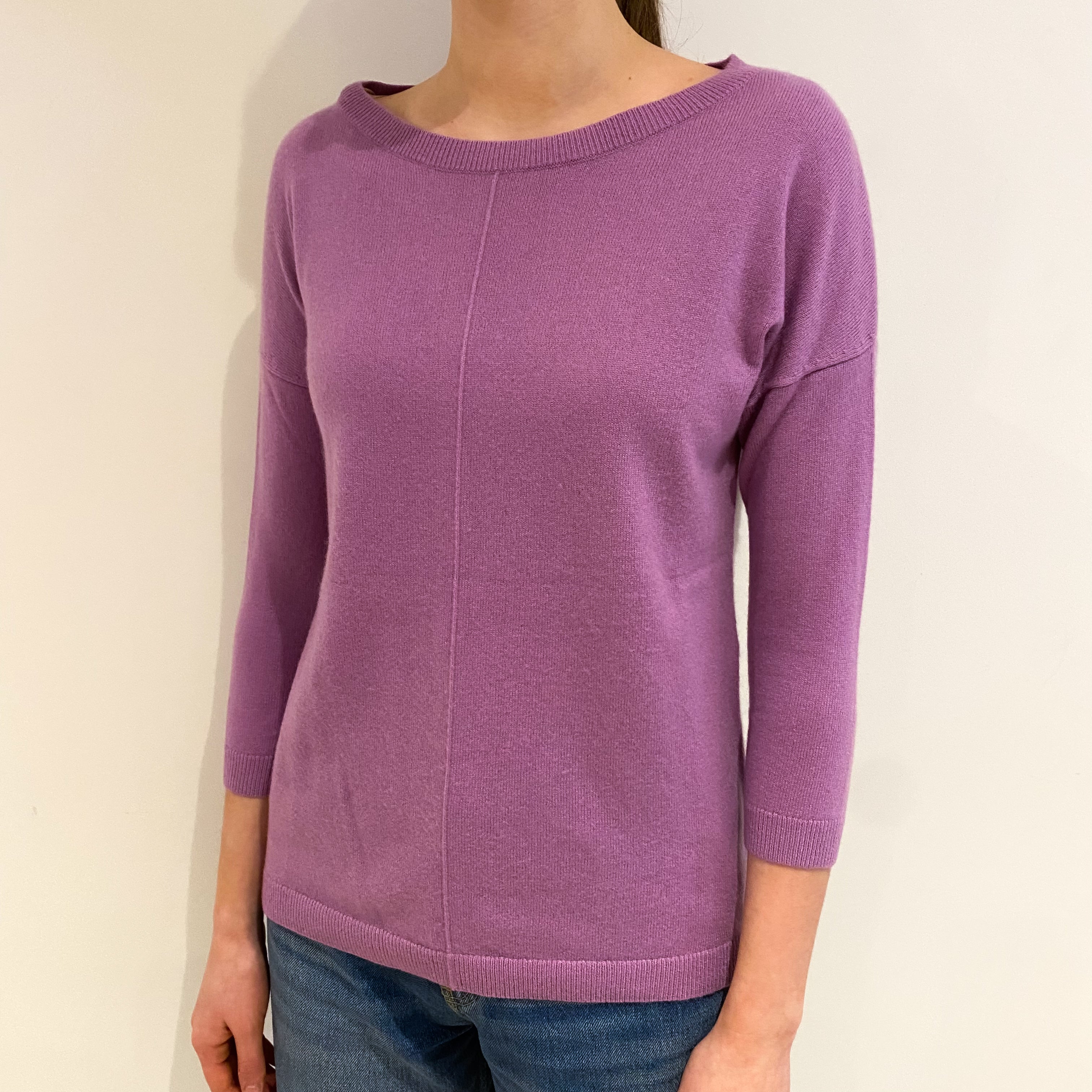 Purple and Grey Button Back Cashmere Crew Neck Jumper Extra Small
