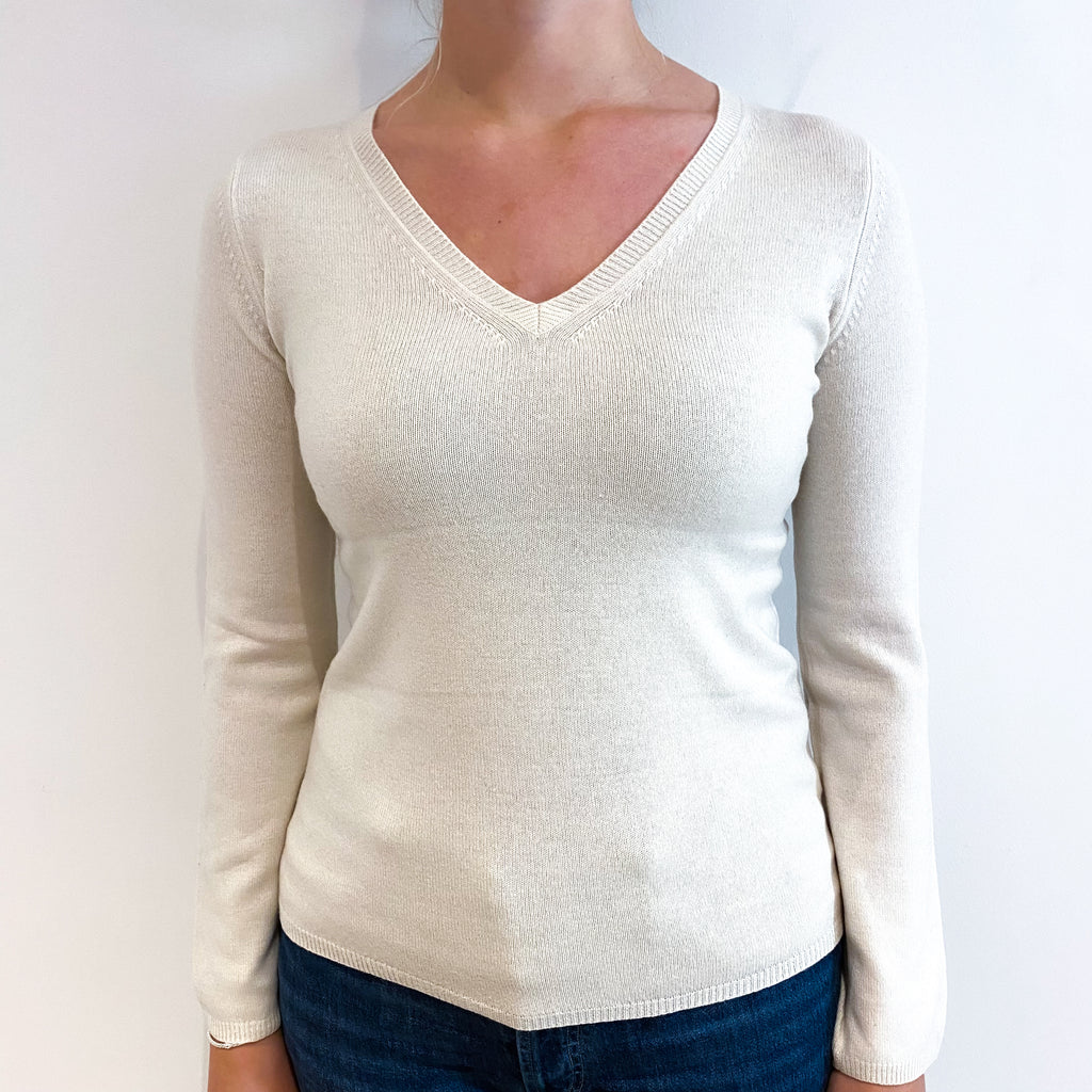 Ivory Cream Lightweight Cashmere V Neck Jumper Small