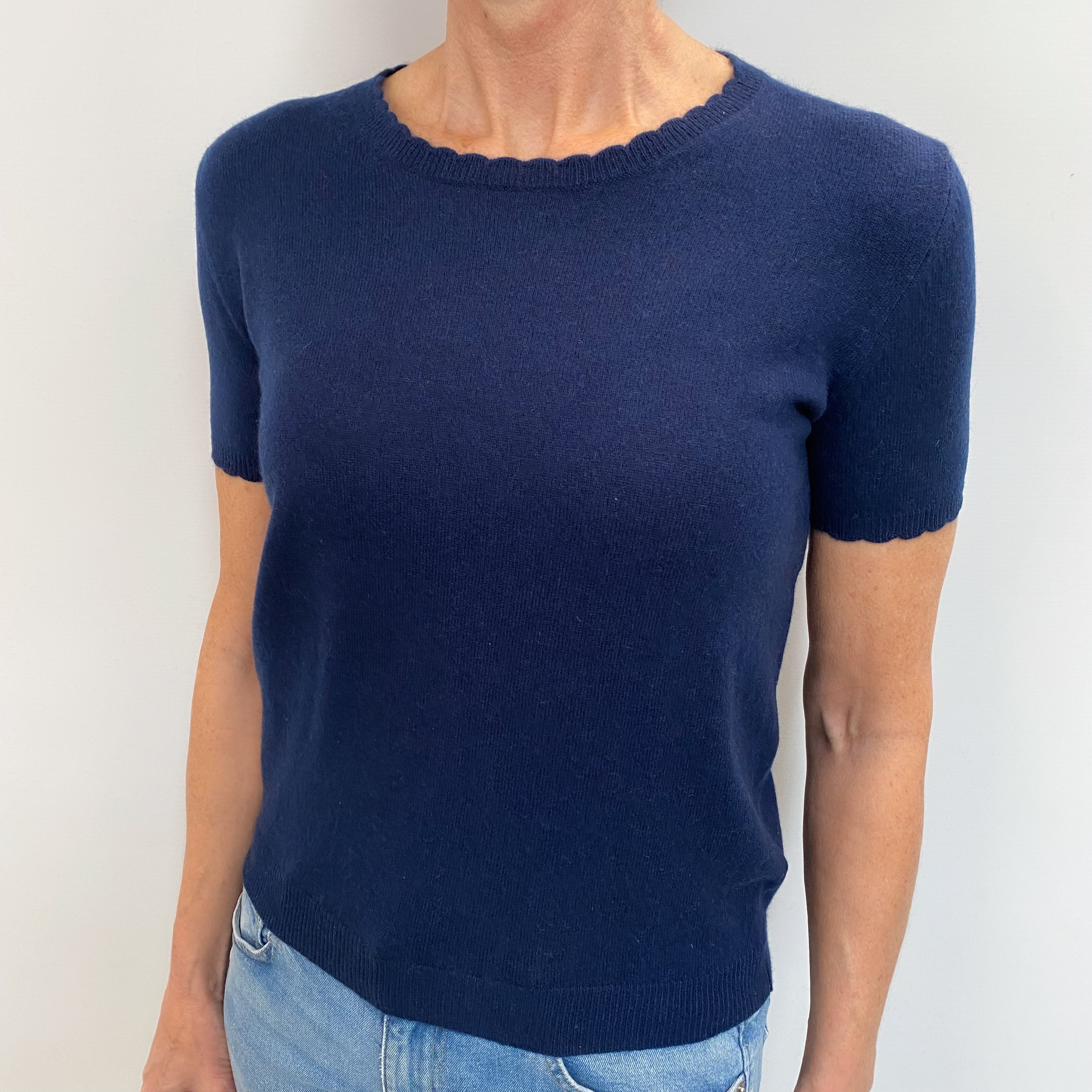 French Navy Cashmere Short Sleeved Crew Neck Jumper Small