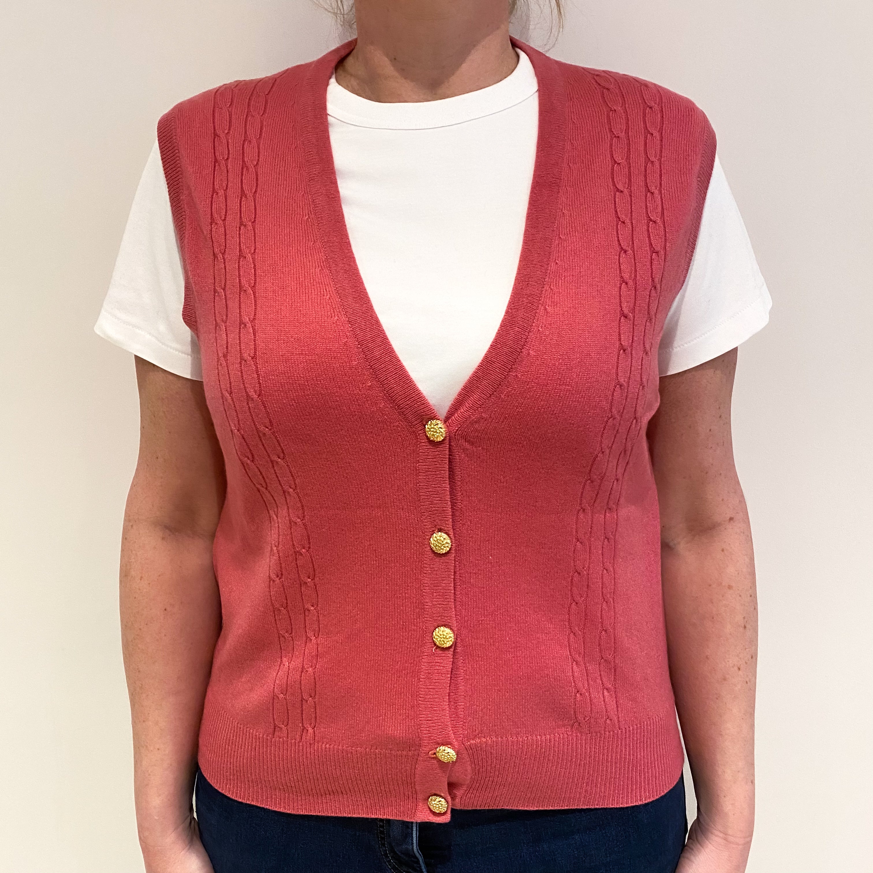 Loganberry Pink Cable Detail Cashmere V Neck Gilet Large