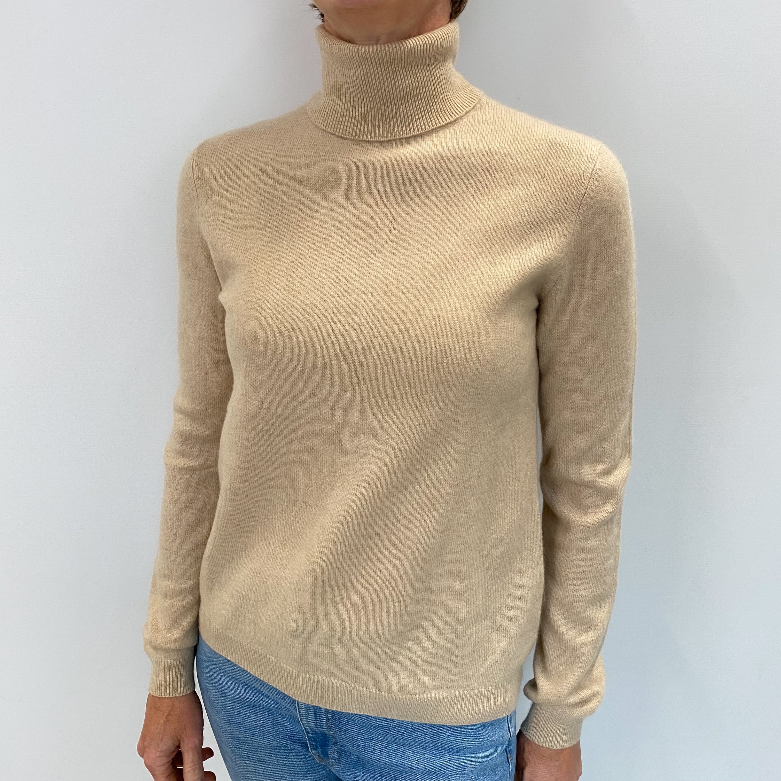 Sand Beige Cashmere Polo Neck Jumper Small