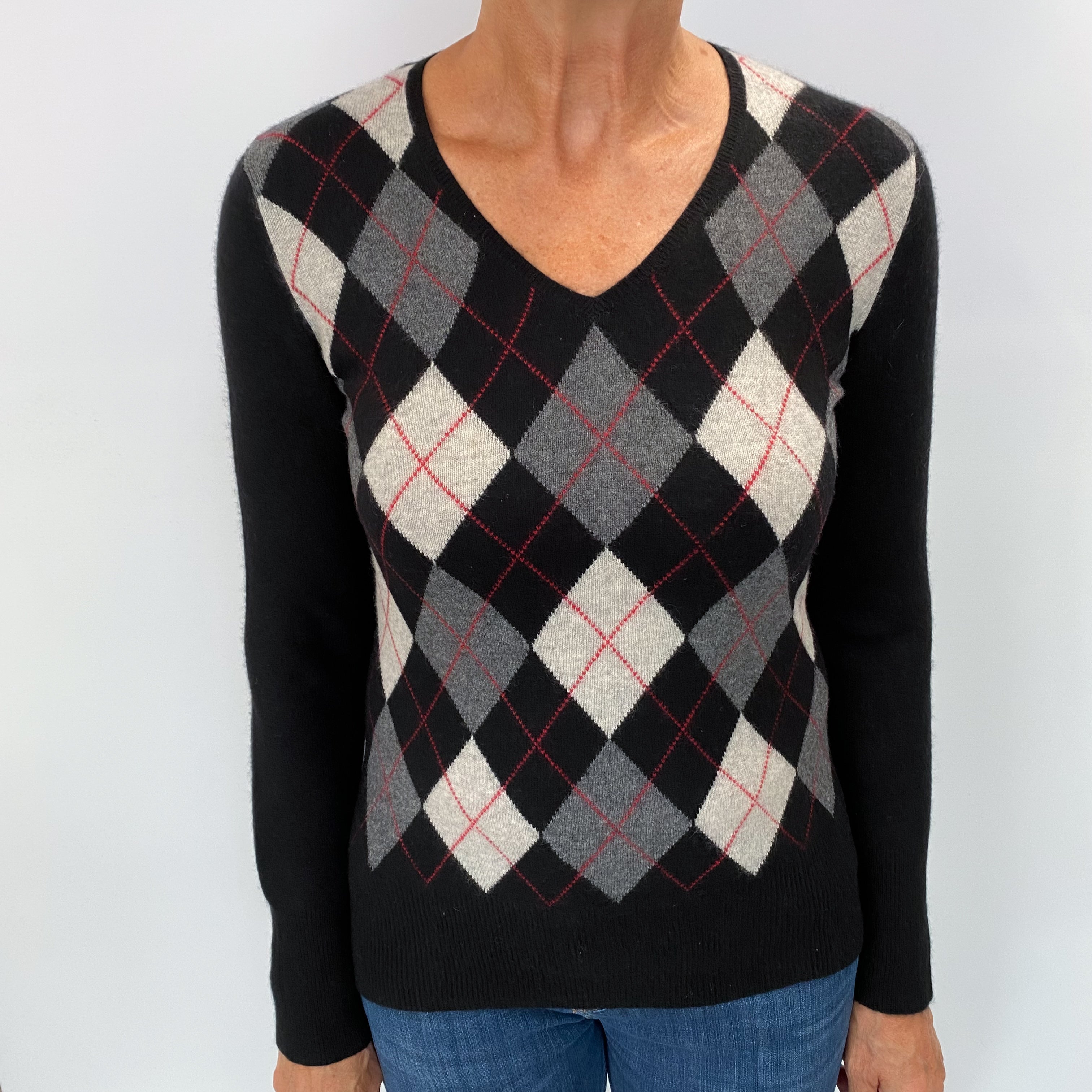 Black Argyle Cashmere V Neck Jumper Medium
