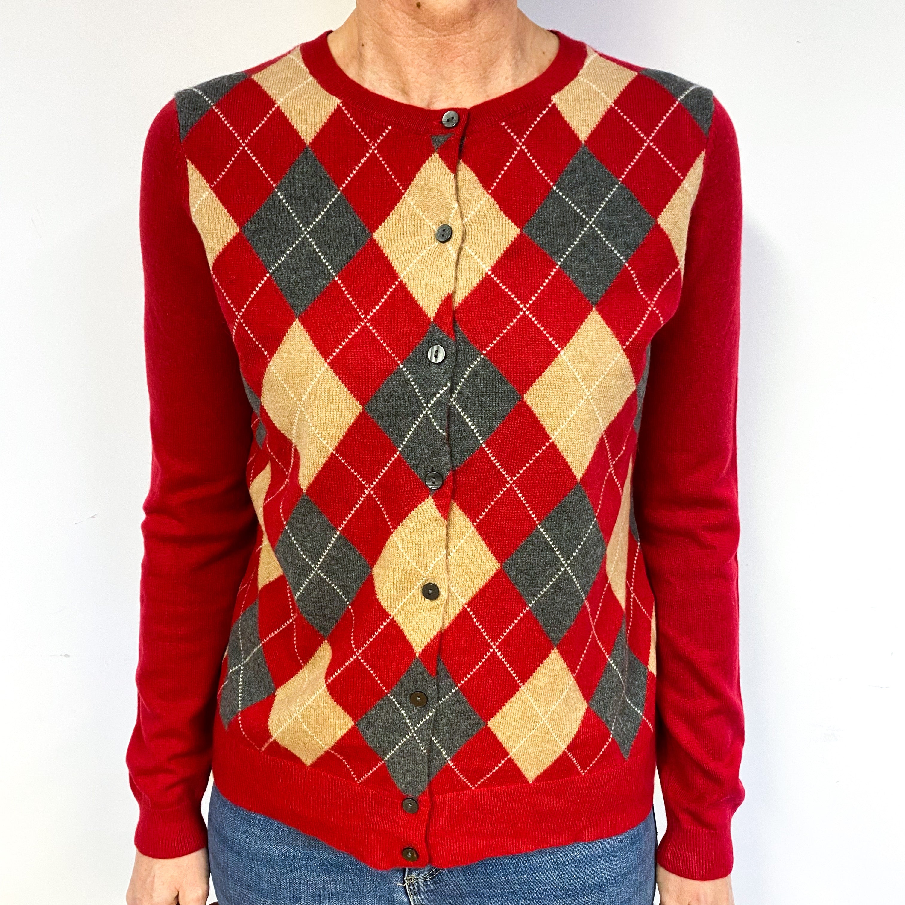 Red Grey And Beige Argyle Cashmere Cardigan Medium