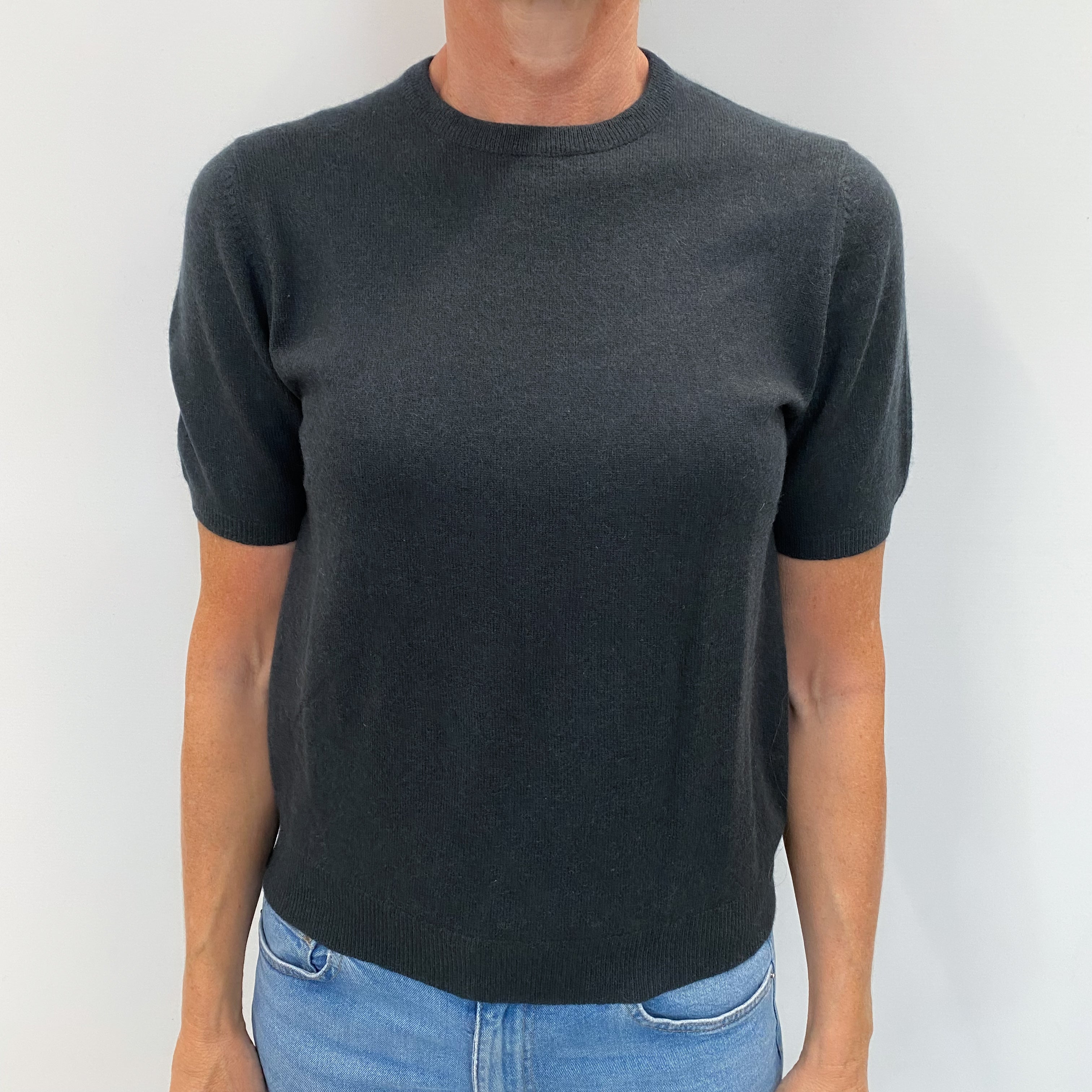 TSE Pebble Grey Cashmere Crew Neck Short Sleeved Jumper Small